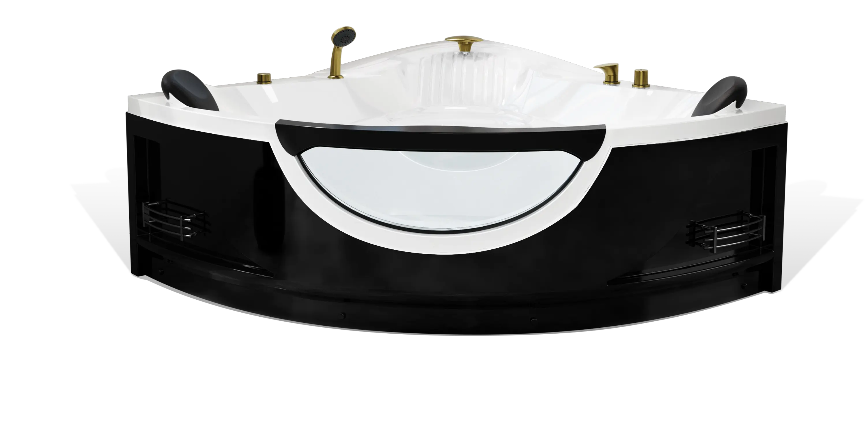 A modern black and white Empava corner bathtub with golden faucet fixtures and a transparent section on the front. It features black headrests on both ends and built-in controls on the side. The tub has a sleek, futuristic design with contrasting colors.