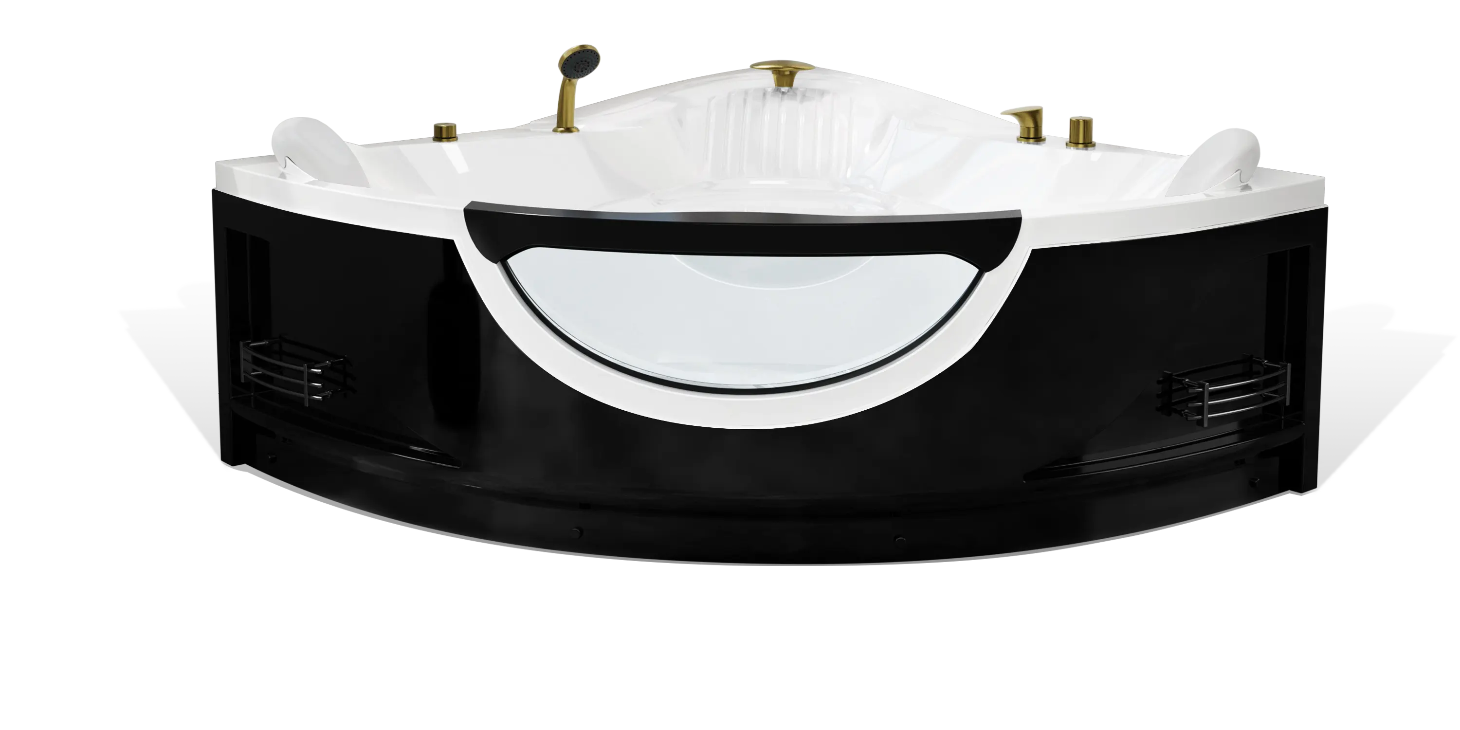 The Empava black and white corner bathtub features a large, clear, semicircular front panel. Equipped with gold-toned faucet handles and a handheld showerhead, this tub includes built-in headrests and boasts modern, angular lines for a sleek appearance.