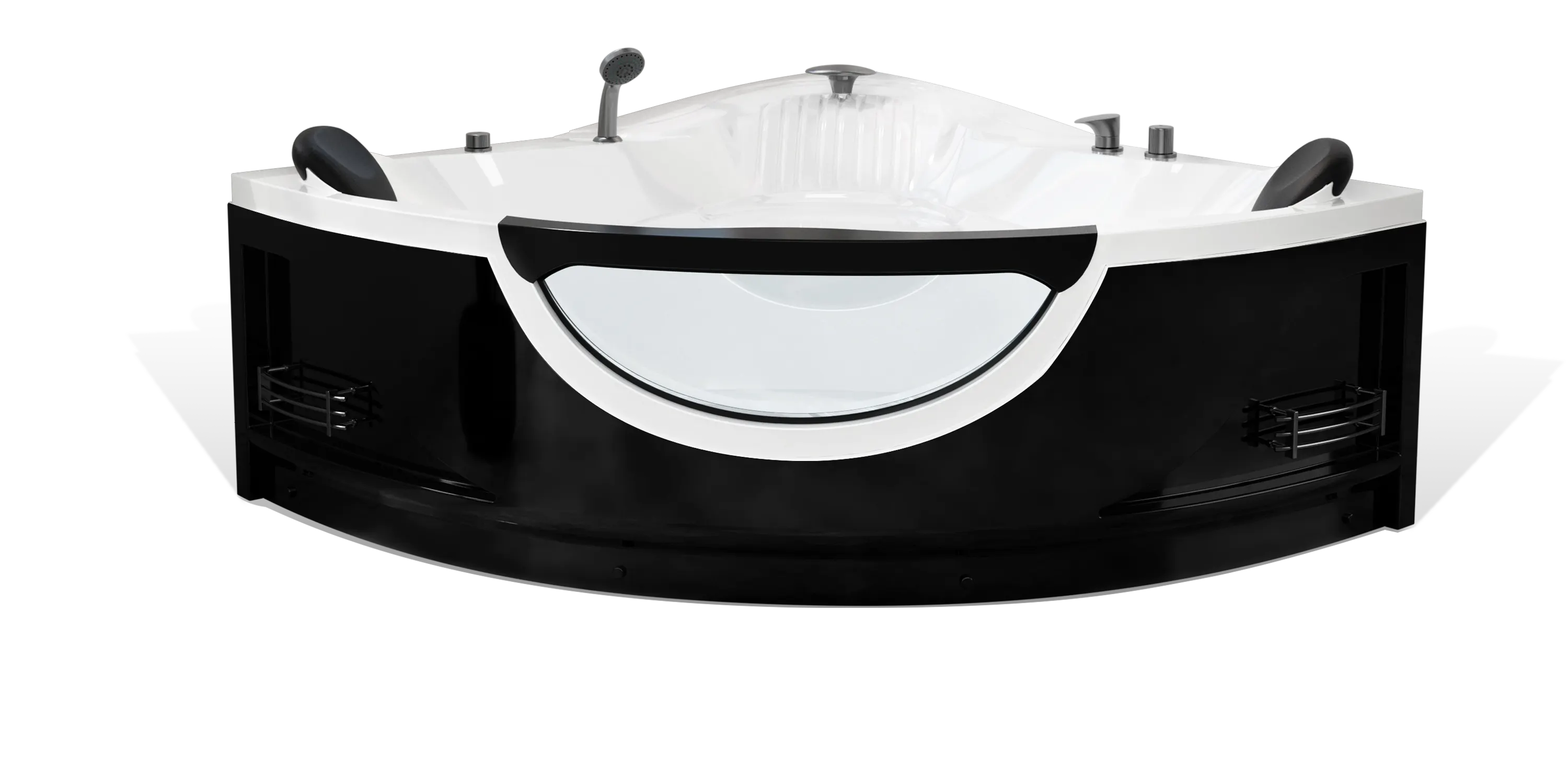A modern black and white Empava corner bathtub with an integrated transparent circular window on the front, adjustable headrests, a handheld showerhead, and chrome faucets. The design is sleek and contemporary, suitable for a luxurious bathroom.