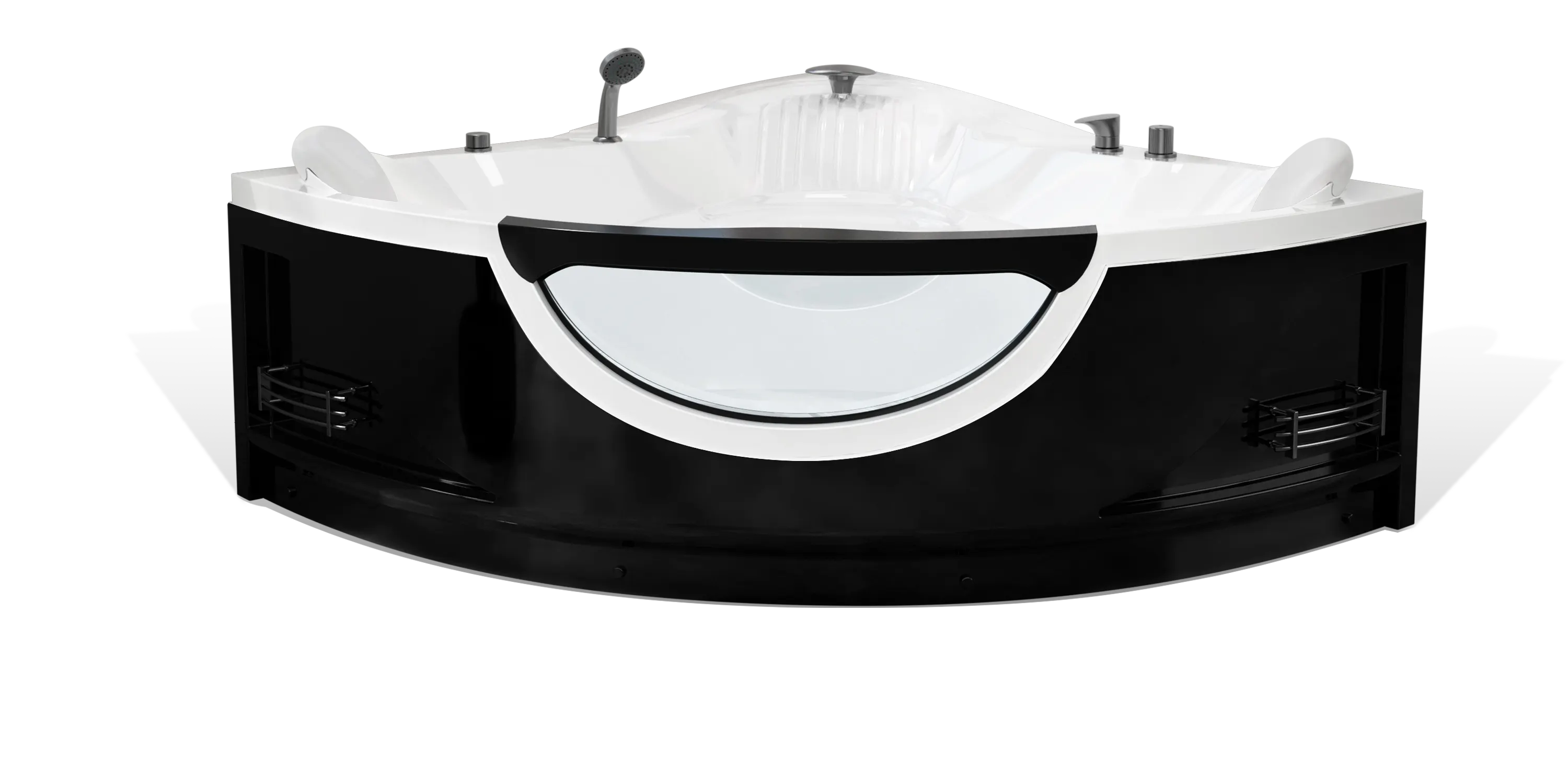 A modern, black and white Empava corner bathtub with sleek design details. The tub features a curved front with a clear panel window, built-in headrests, chrome fixtures, and integrated seating. It is designed for comfortable soaking and relaxation.