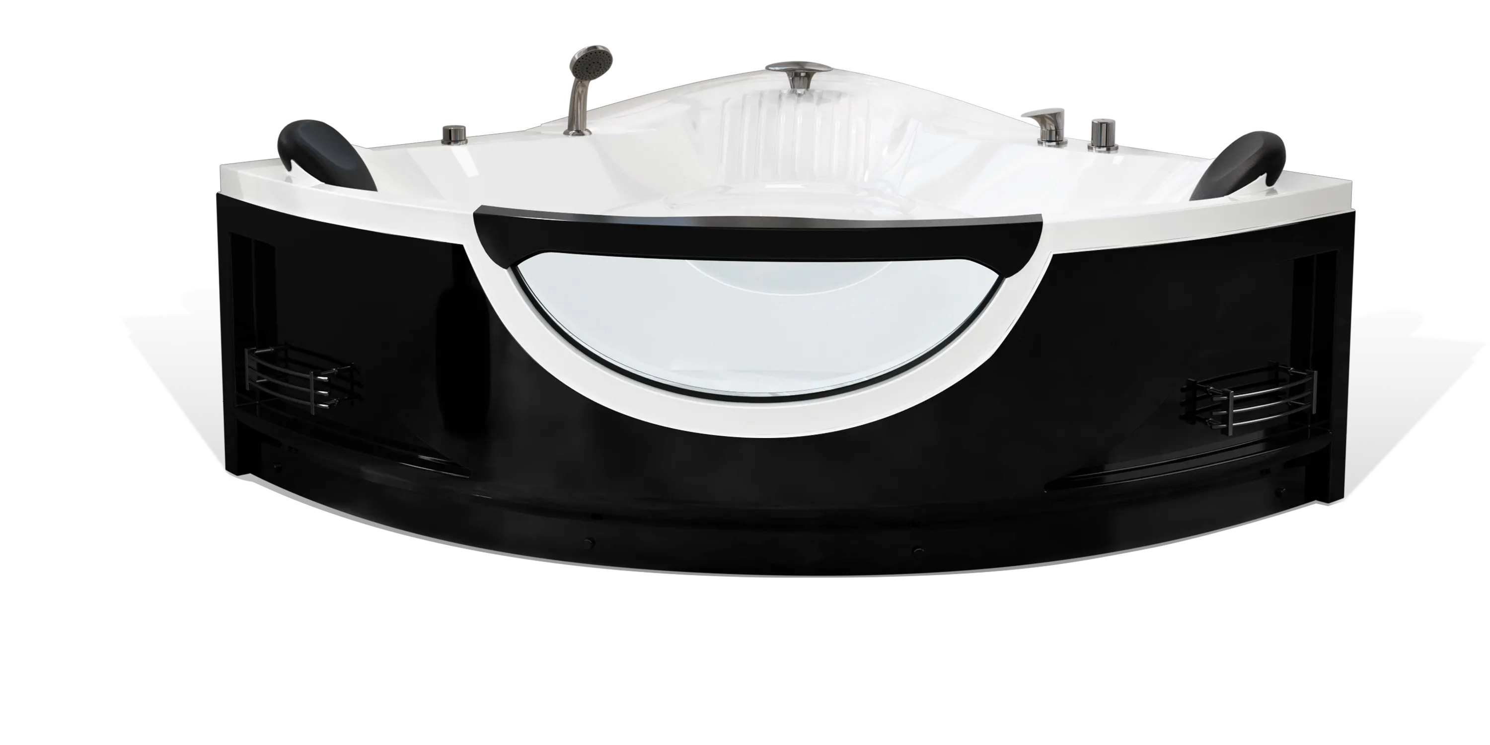An Empava modern black and white corner bathtub with a transparent panel on the front. It includes built-in jets for a spa-like experience, a handheld showerhead, and silver faucets and controls on the top rim. The sleek design adds a touch of luxury to any bathroom.