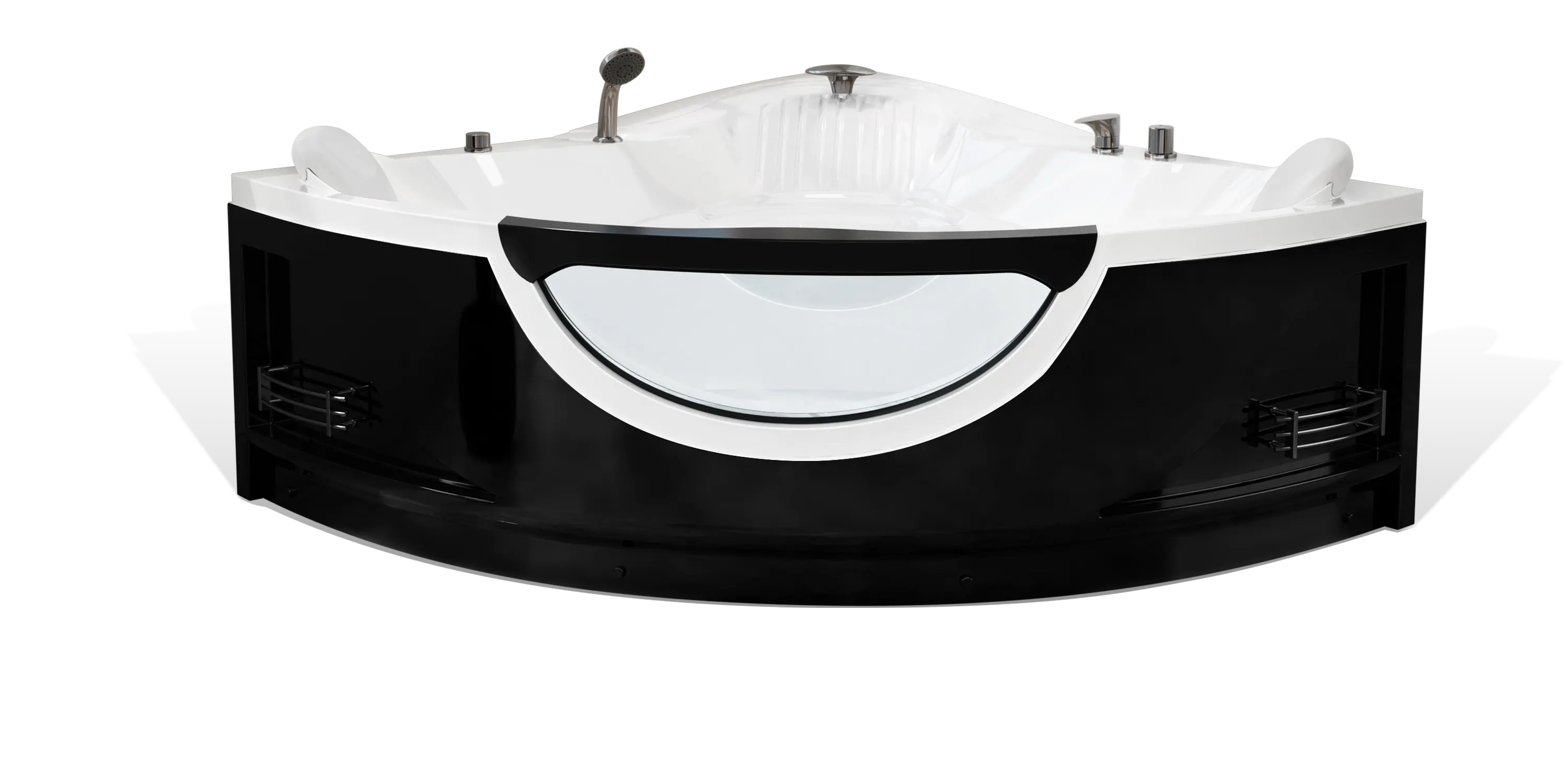 A modern black and white corner bathtub by Empava, featuring multiple faucets, a handheld showerhead, and a transparent viewing panel on the front. The tub has built-in armrests and a curved design, creating a luxurious and spacious bathing experience.