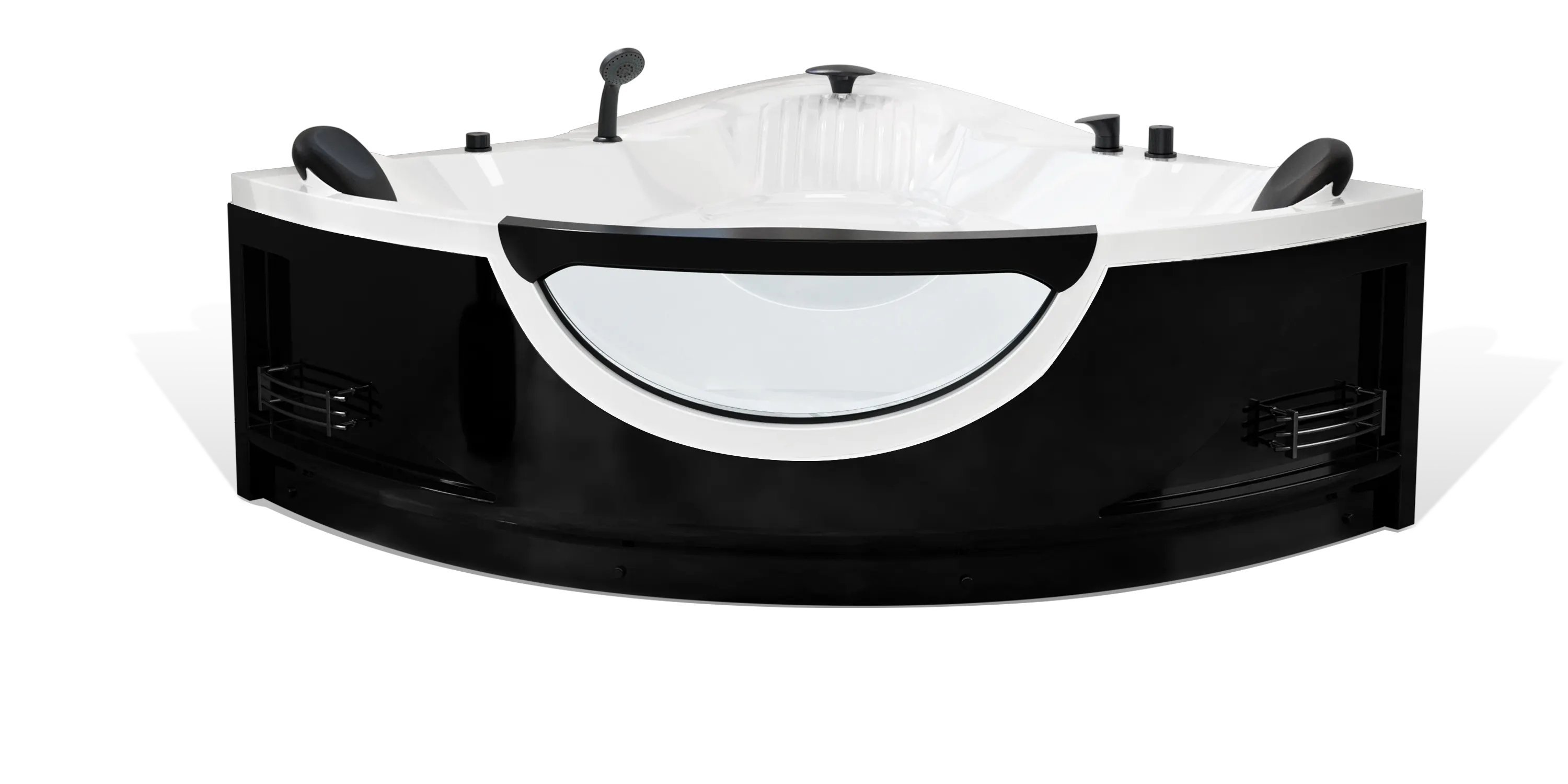 A modern black and white Empava corner bathtub with a transparent semicircular panel on one side. The bathtub includes features such as headrests, built-in faucets, and water jets.