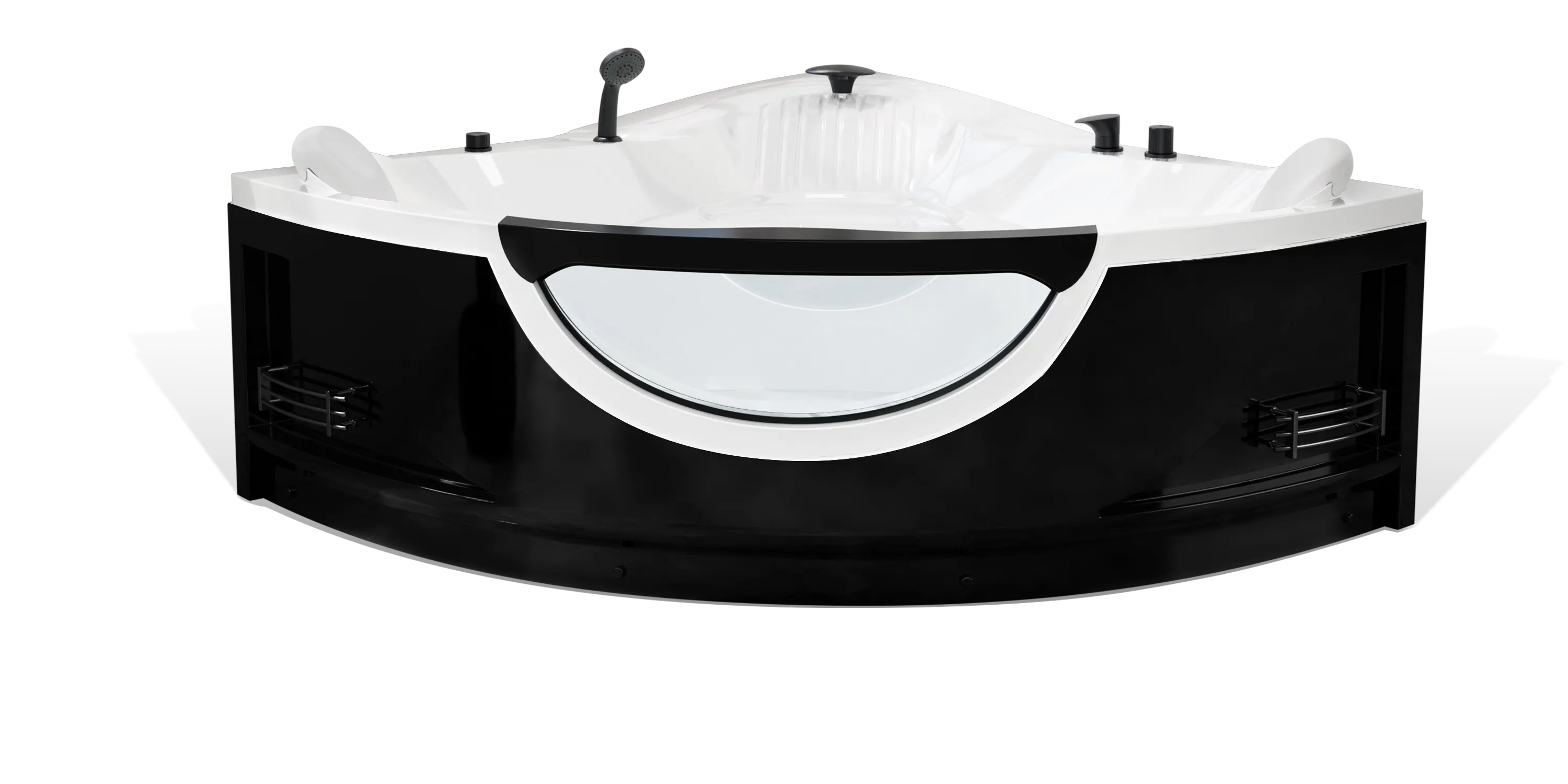 A modern Empava black and white corner bathtub featuring a curved exterior with a black base and a white interior. The bathtub includes multiple controls and jets for a luxurious bathing experience. The front panel has a transparent window for a sleek, contemporary look.