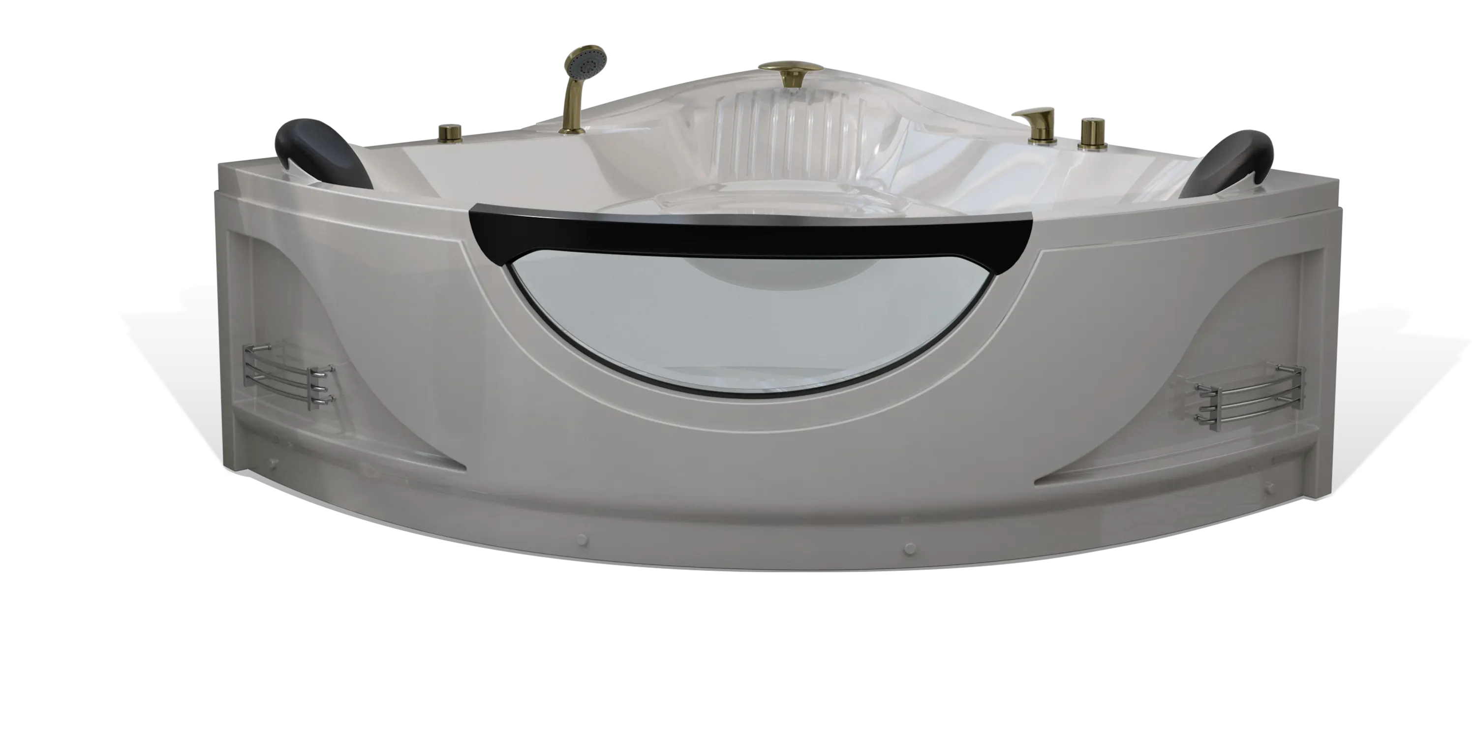 A modern Empava corner bathtub with built-in headrests, sleek metal fixtures, and a clear acrylic panel on the front. The tub features shelving on the sides for storage and boasts a minimalist, contemporary design in white with chrome accents.