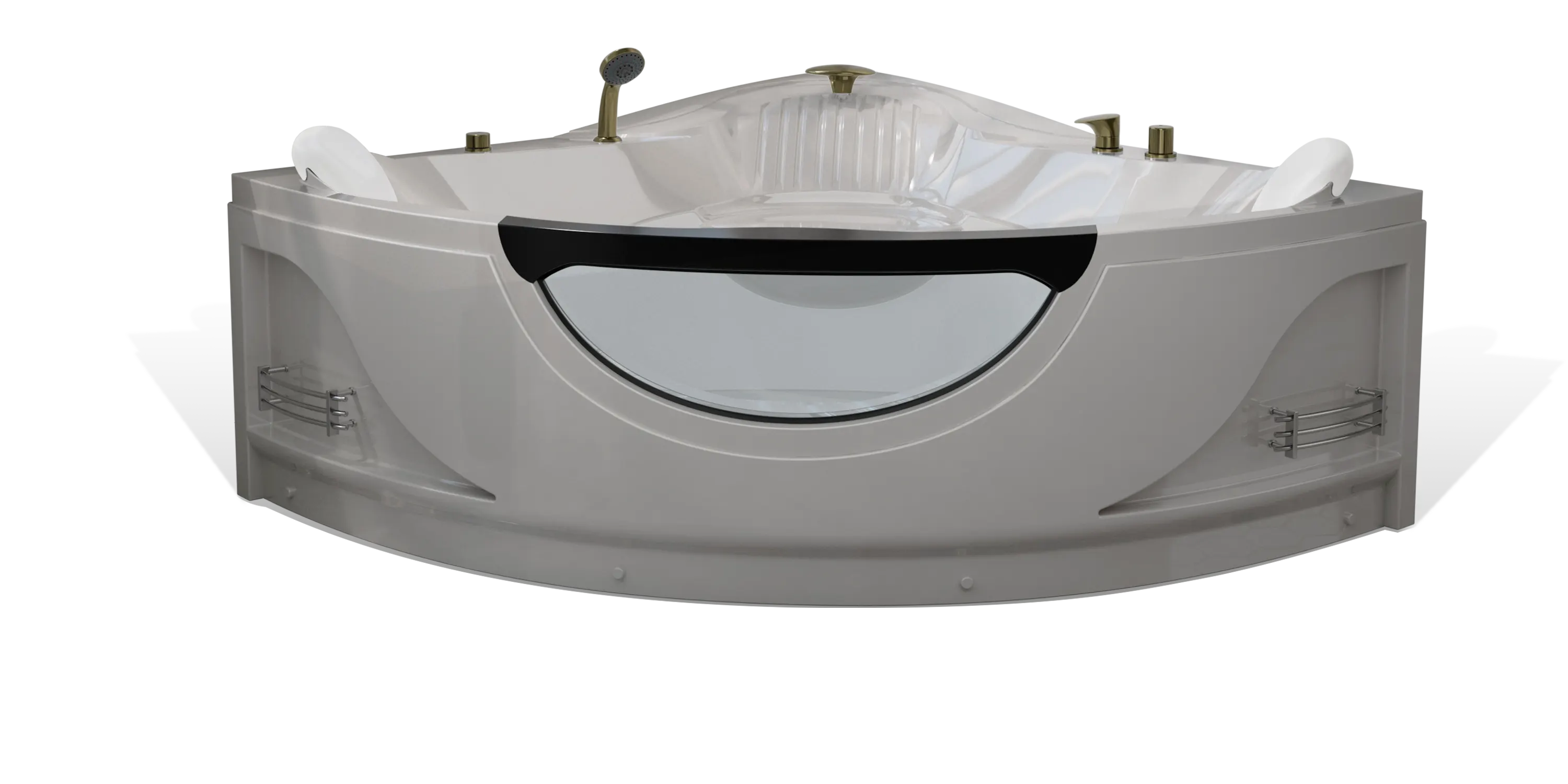 A modern Empava white corner bathtub with a transparent section in the front. The tub features multiple fixtures, including a handheld showerhead and various knobs. Additional accessories such as small storage shelves are integrated into the sides of the bathtub.