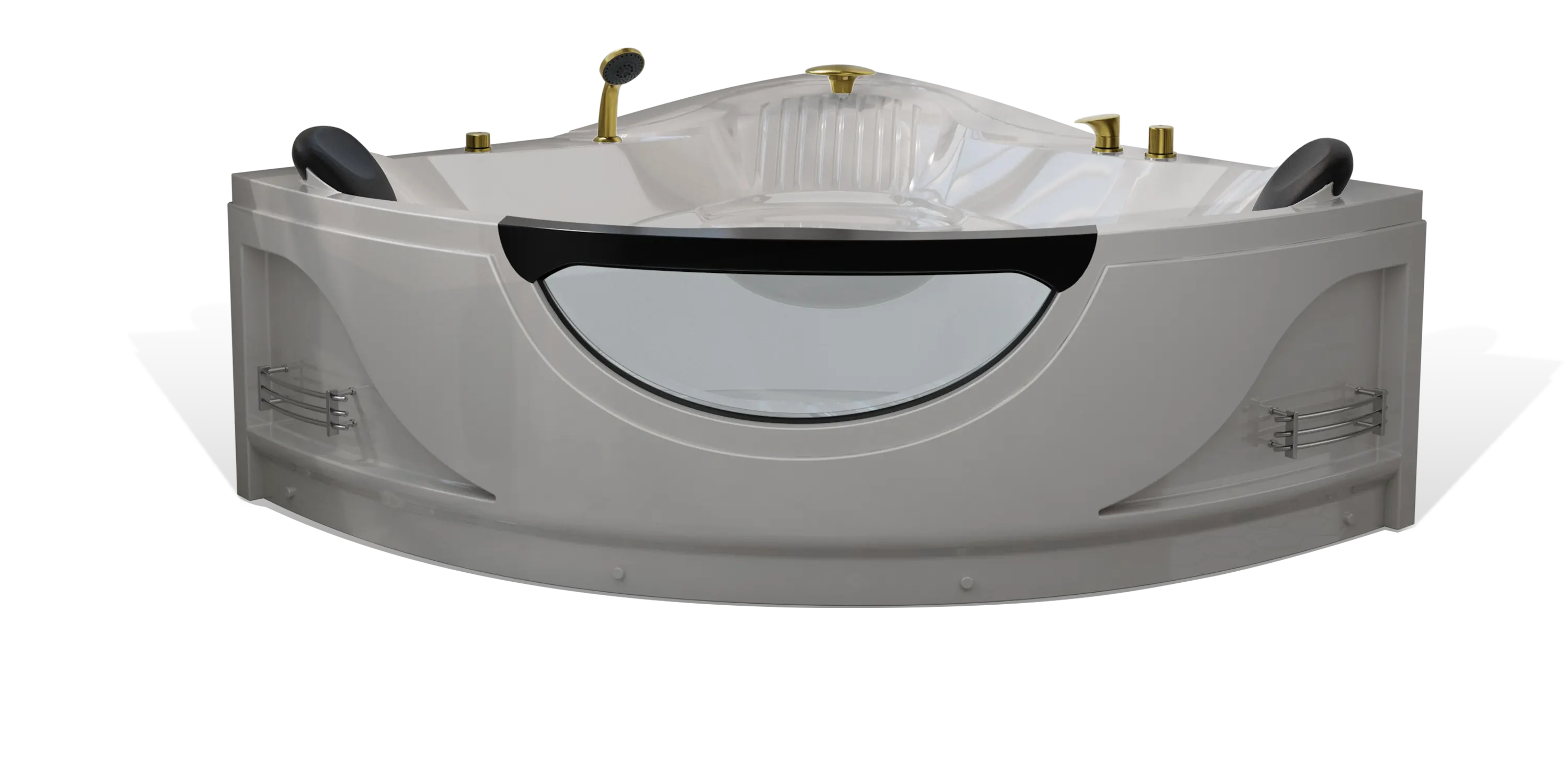 An Empava modern white corner bathtub with a transparent front panel, black headrests, and golden fixtures including two faucets. Built-in shelves on either side hold accessories. The design features smooth lines and a sleek, contemporary look.