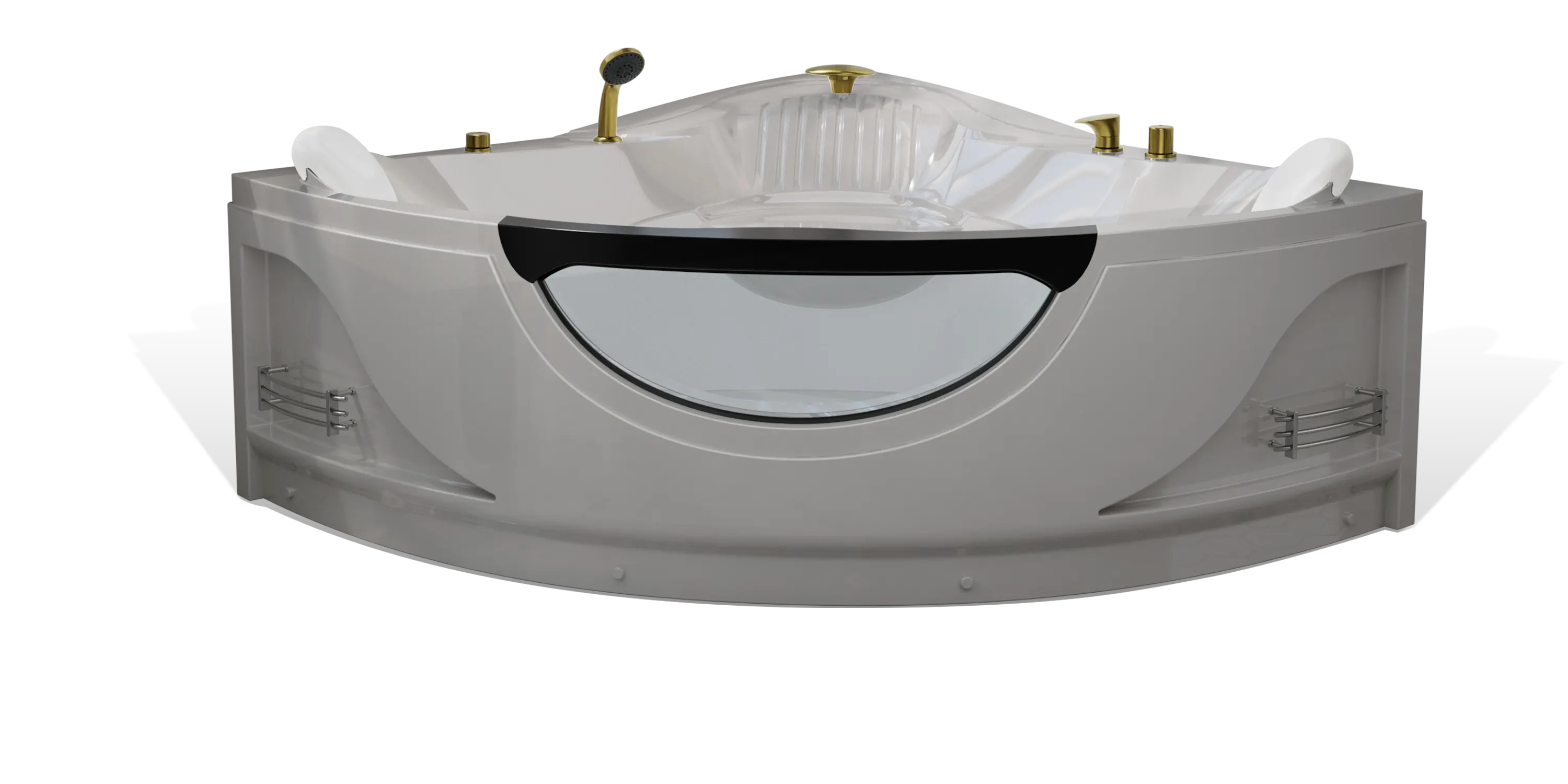A modern, large white and gray Empava corner bathtub with brass fixtures, including a faucet, handheld showerhead, and various knobs. The tub features a transparent front panel, built-in shelves on the sides, and an ergonomic headrest for ultimate comfort.