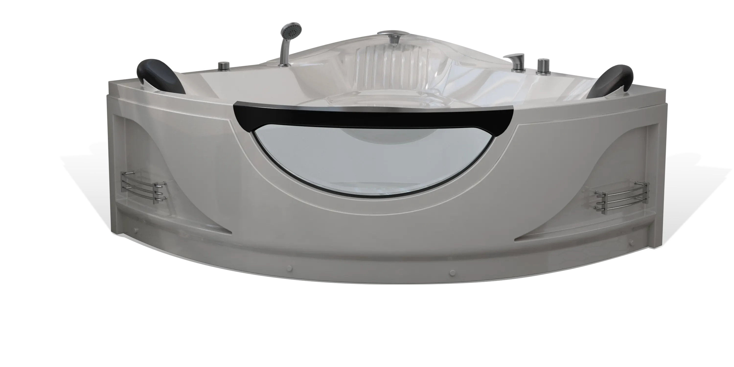 A modern, white Empava corner bathtub with a curved front featuring a large, clear glass panel. The bathtub has built-in armrests, small shelves for toiletries on each side, and multiple chrome fixtures, including a showerhead, faucets, and control knobs.