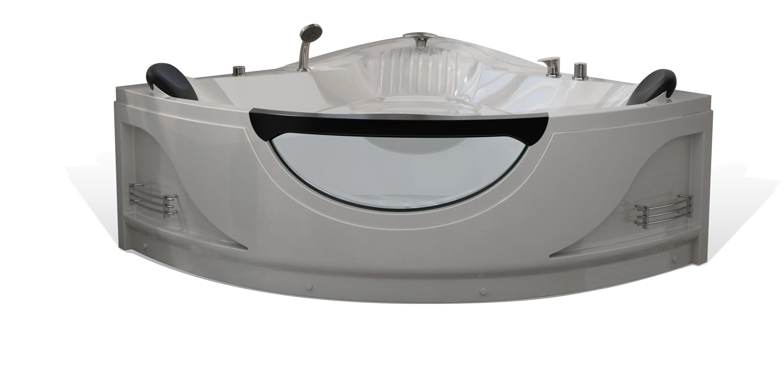 The Empava modern, white corner bathtub boasts a semi-circular glass panel on the front. It features black headrests, built-in faucets, and shelves for storage on either side. The design includes a sleek, curved exterior with a high-gloss finish.