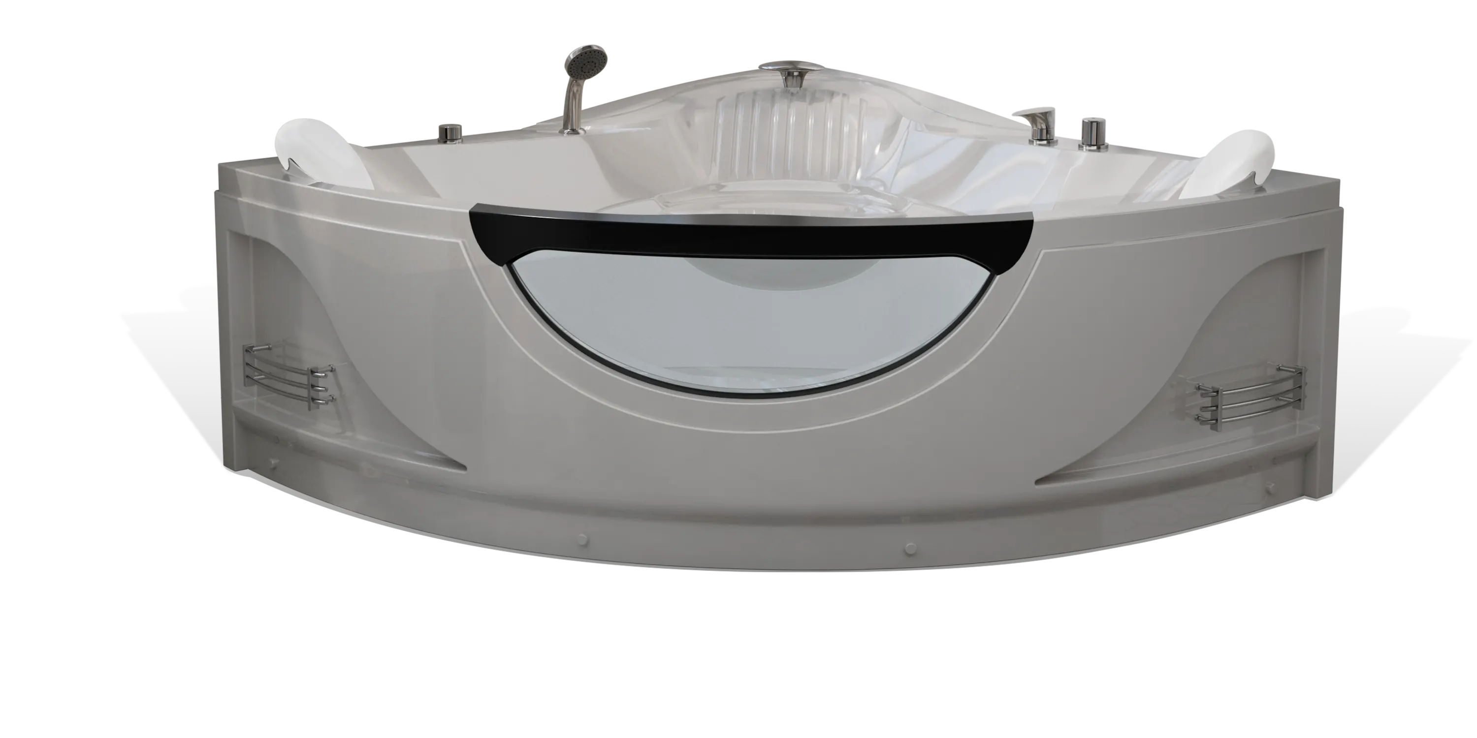 A sleek, modern Empava bathtub with a clear glass panel on one side, silver fixtures, and built-in shelving on the corners. The tub has a contemporary design with clean lines and a neutral color, suitable for a luxurious bathroom setting.