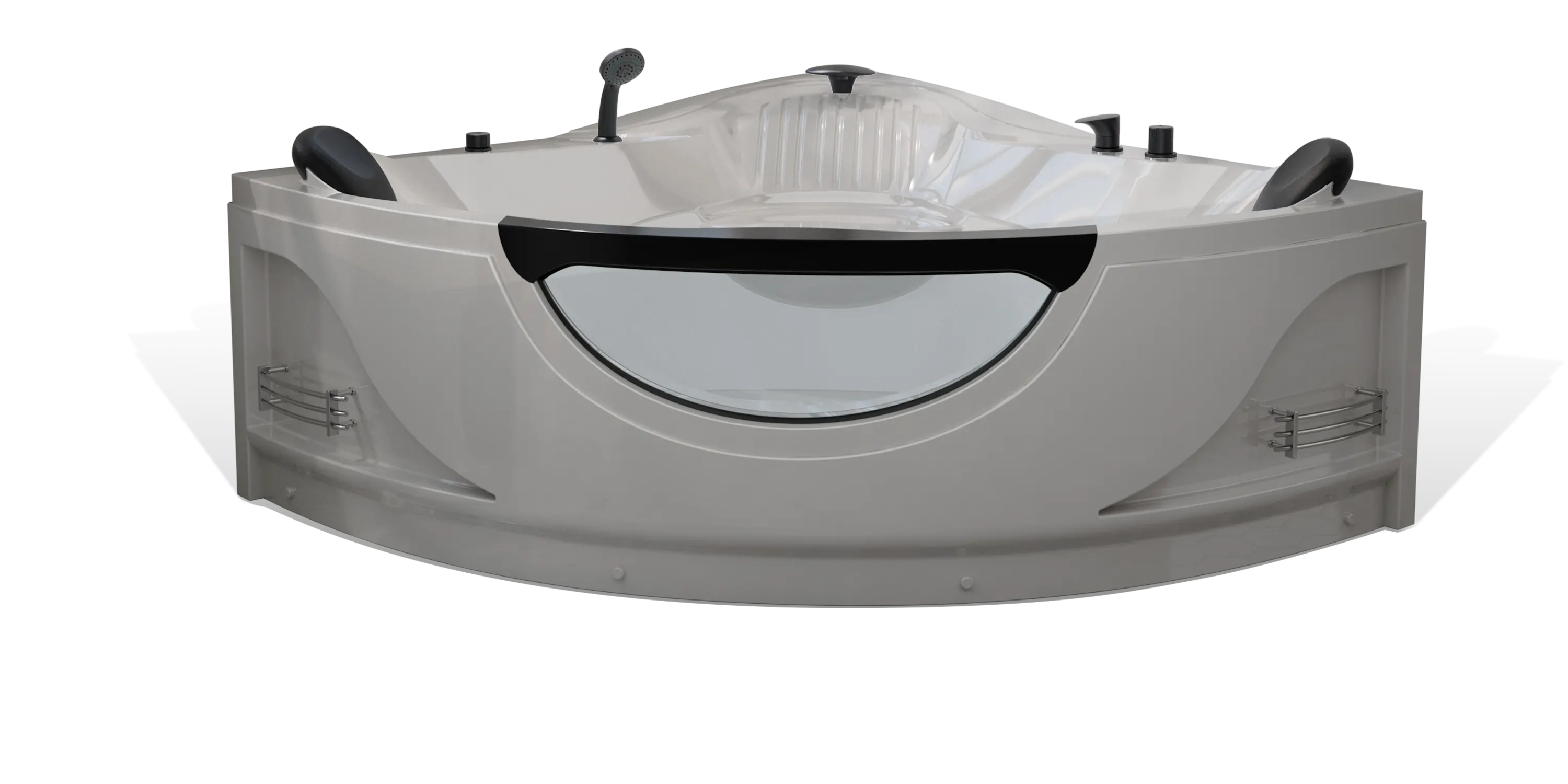 An elegant white Empava corner bathtub with a clear acrylic panel on the front and built-in headrests on either side. The bathtub features faucet controls and a handheld showerhead, along with additional shelving on the side for convenient storage.