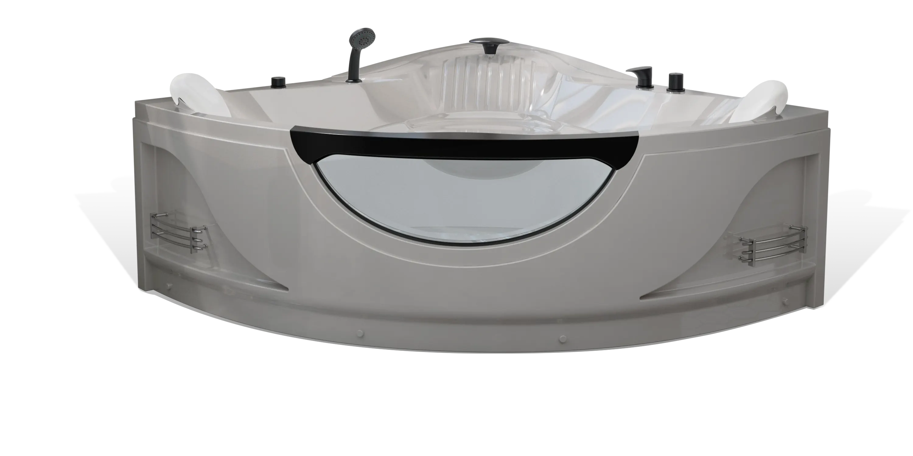 Front view of a sleek, modern Empava acrylic bathtub with a curved design. The tub features built-in armrests, chrome fixtures, a semi-transparent panel on one side, and two metal storage racks. It appears to be a corner or alcove model.