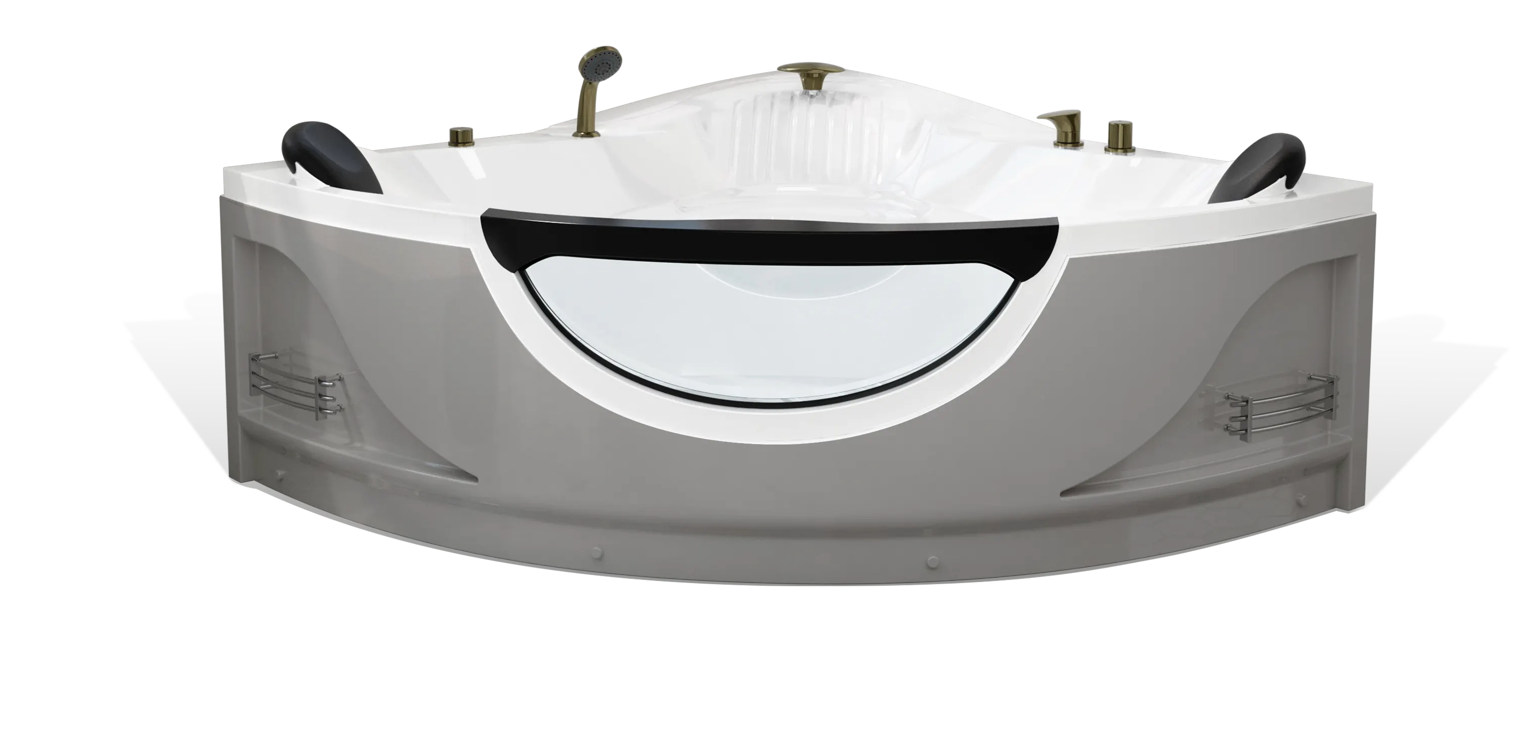 An Empava white corner bathtub with metallic fixtures, including a faucet and handheld showerhead. The bathtub features a transparent circular window and built-in shelves on either side. The overall design is modern and sleek.