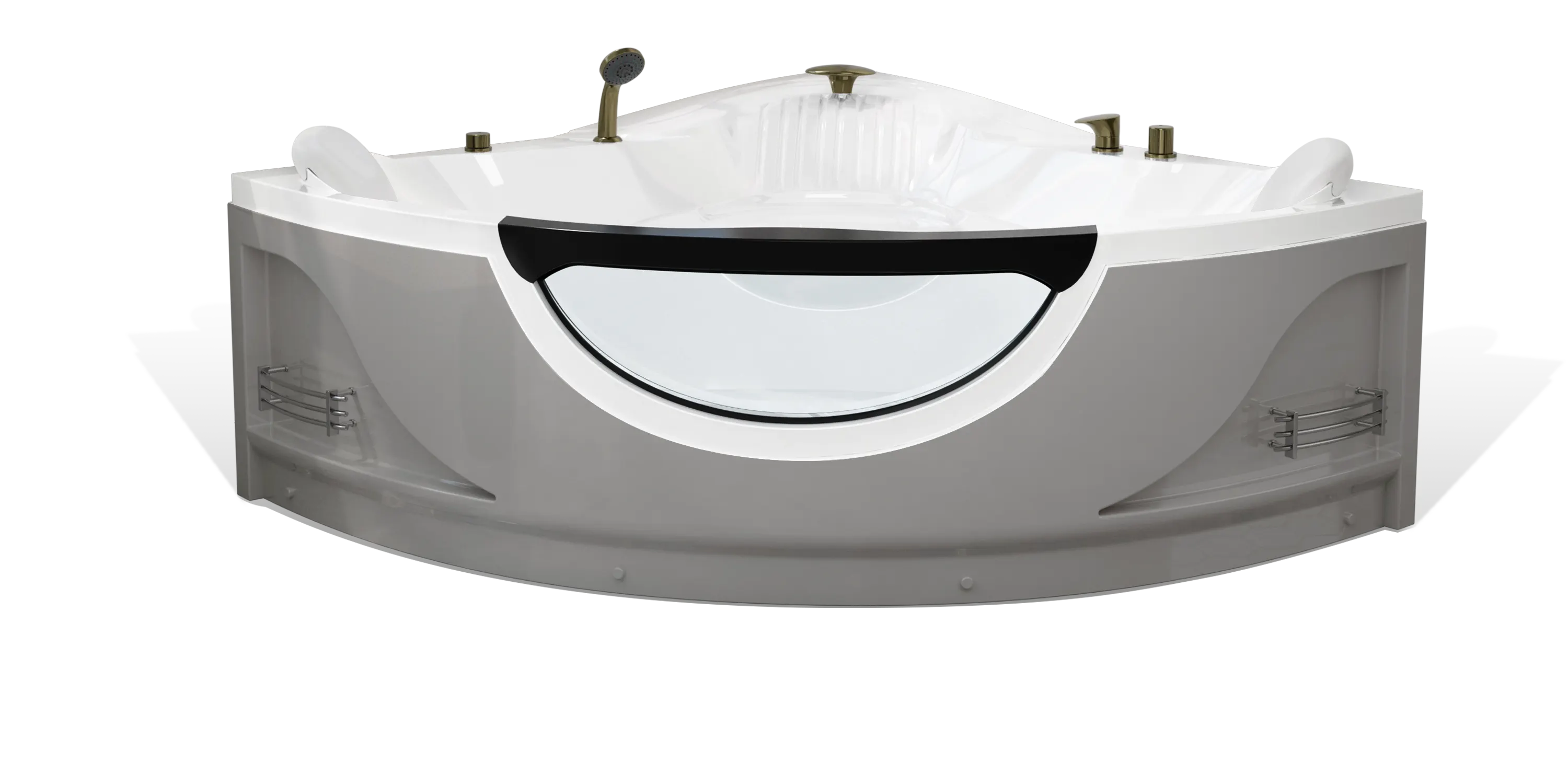 An Empava white corner bathtub with metallic fixtures, including a faucet and handheld showerhead. The bathtub features a transparent circular window and built-in shelves on either side. The overall design is modern and sleek.