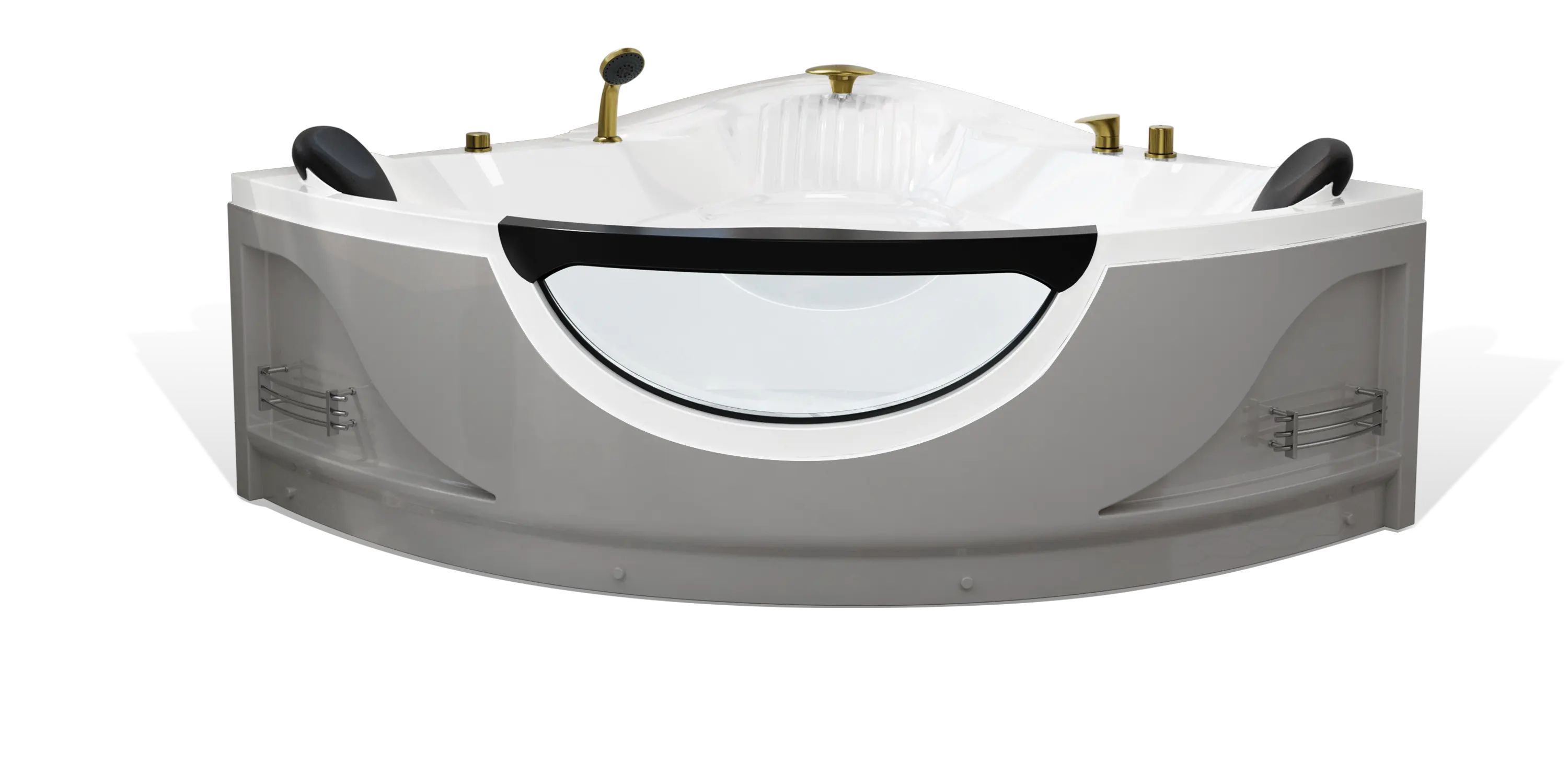 A modern, white Empava corner bathtub with a built-in backrest, black armrests, and golden fixtures. The bathtub features a semi-circular transparent window on the side and compartments for storage.