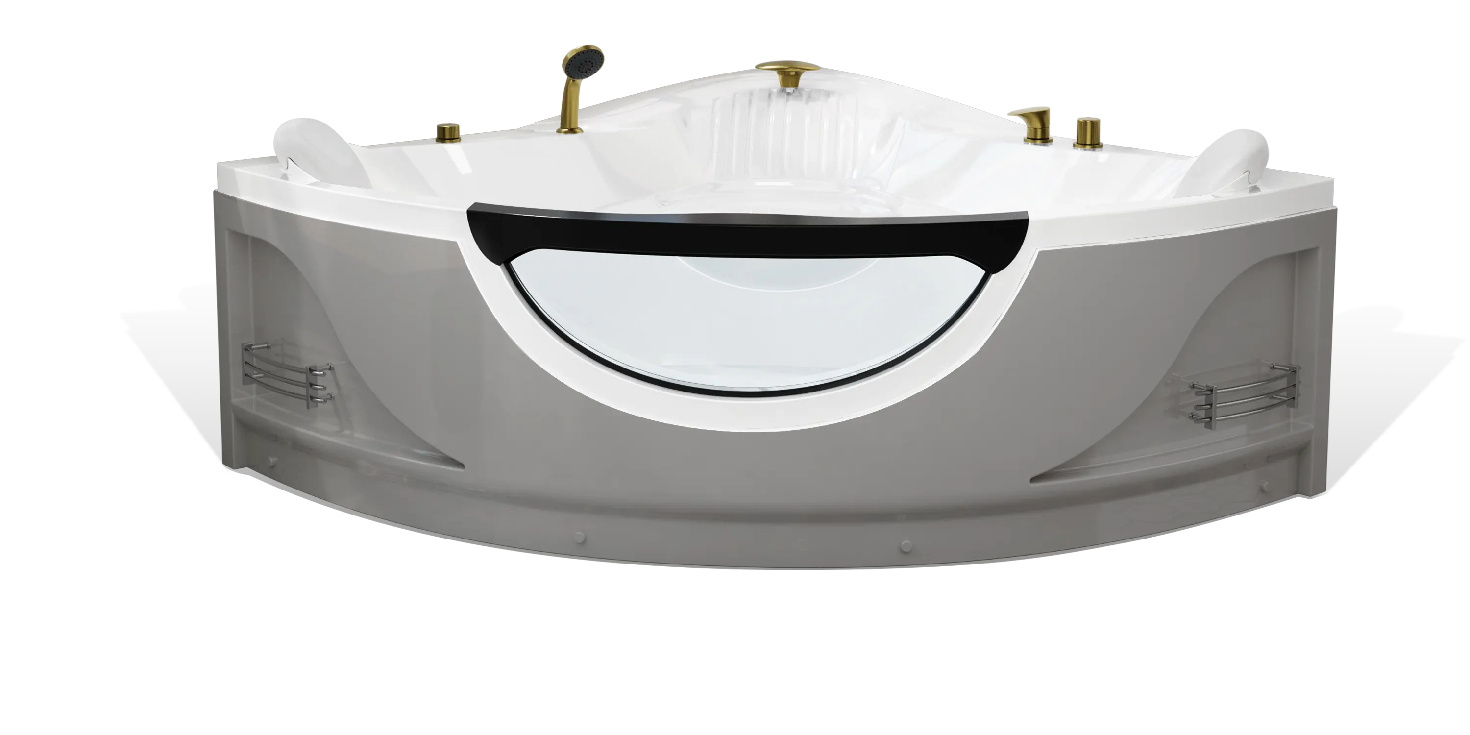 A large, modern white Empava bathtub with a transparent side panel in the front. The tub features gold fixtures, including a faucet and knobs, along with built-in ergonomic seating. There are small storage shelves on both sides of the tub.