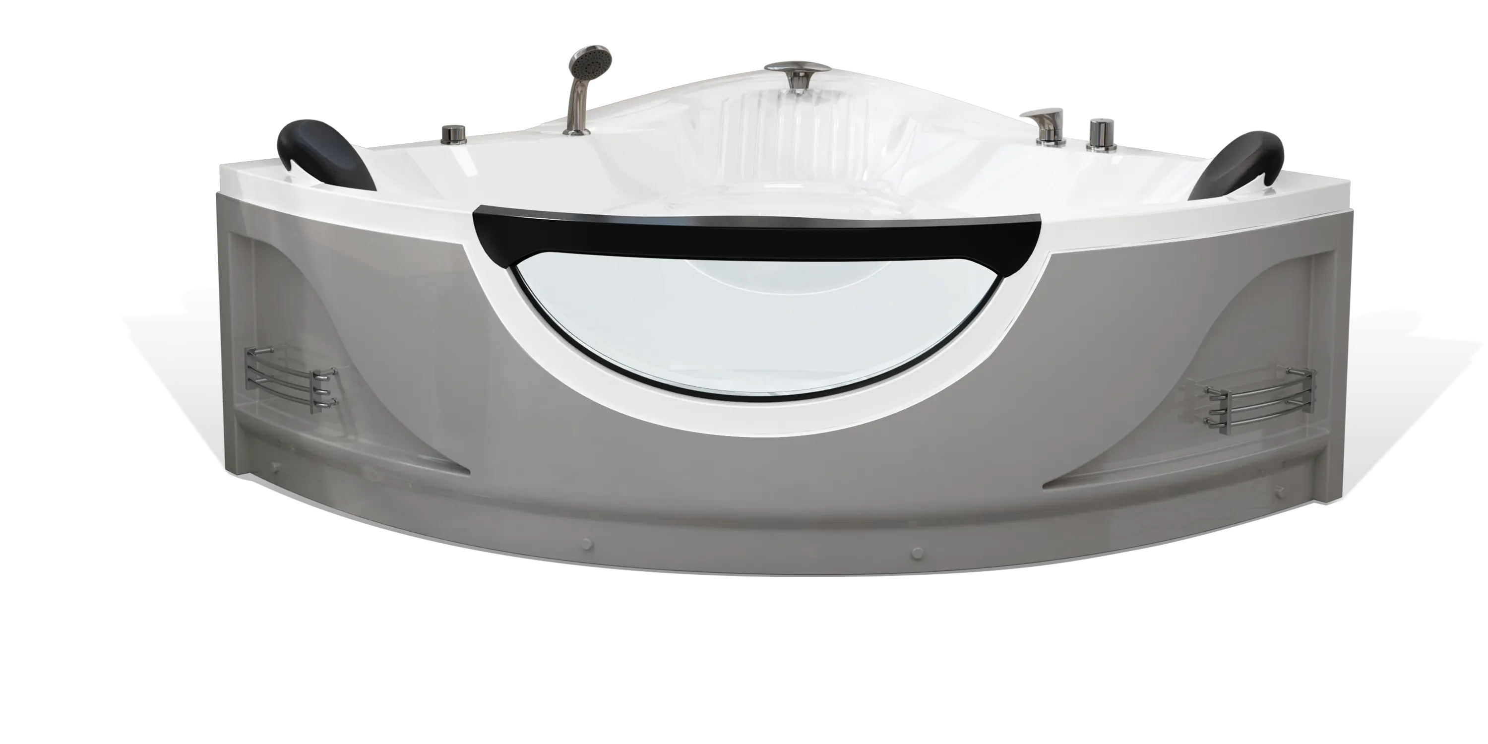 A modern Empava corner bathtub with a sleek design. It features black headrests, a transparent panel on the side, and small shelves on both sides. The tub is equipped with multiple faucets and knobs for various water flow and temperature control.