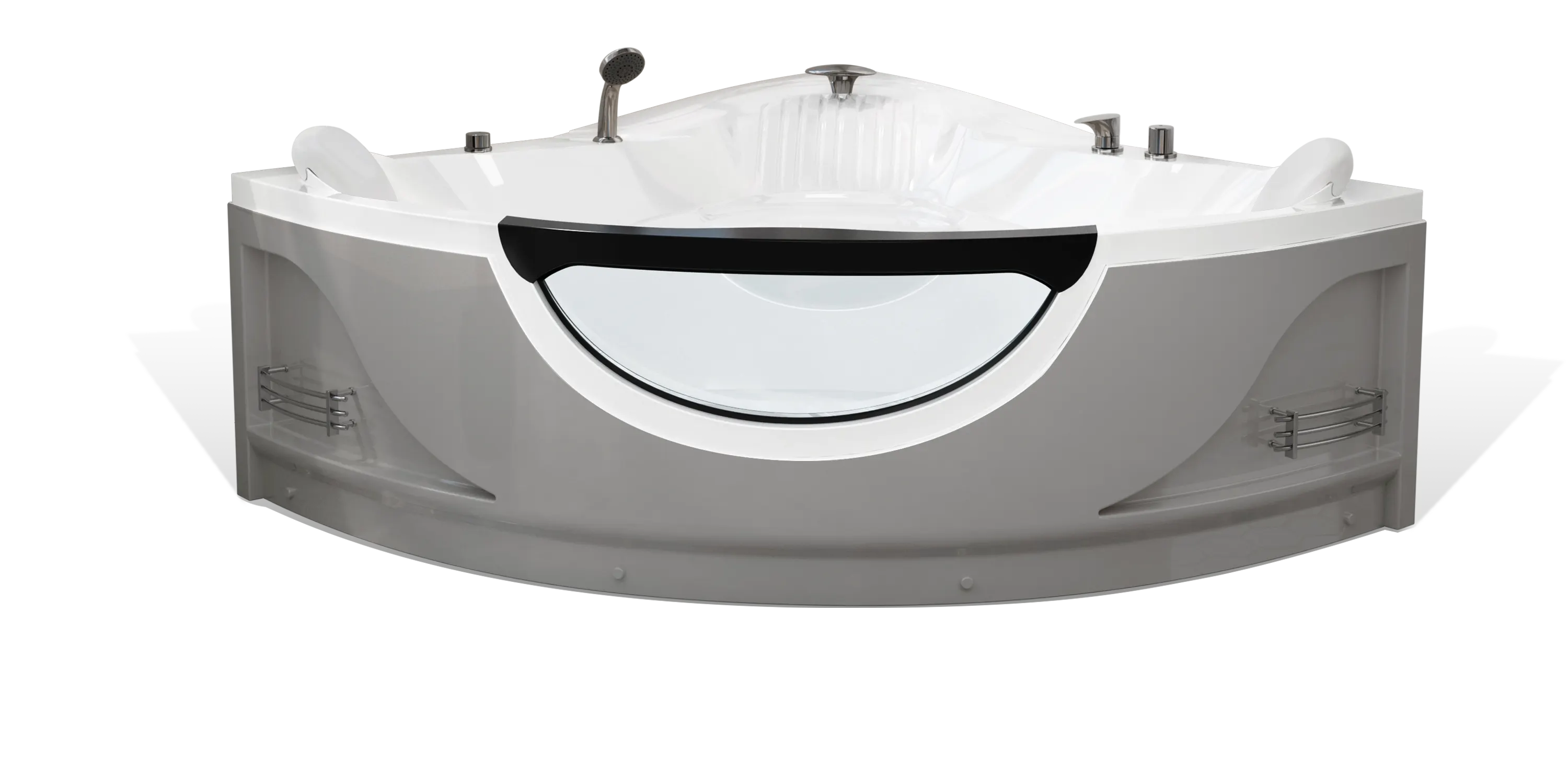 A modern, Empava corner bathtub with a sleek design. It features a white interior, silver fixtures, and a prominent black handle on the curved front panel. The tub has built-in shelves on its sides, providing convenient storage spaces for bathroom essentials.
