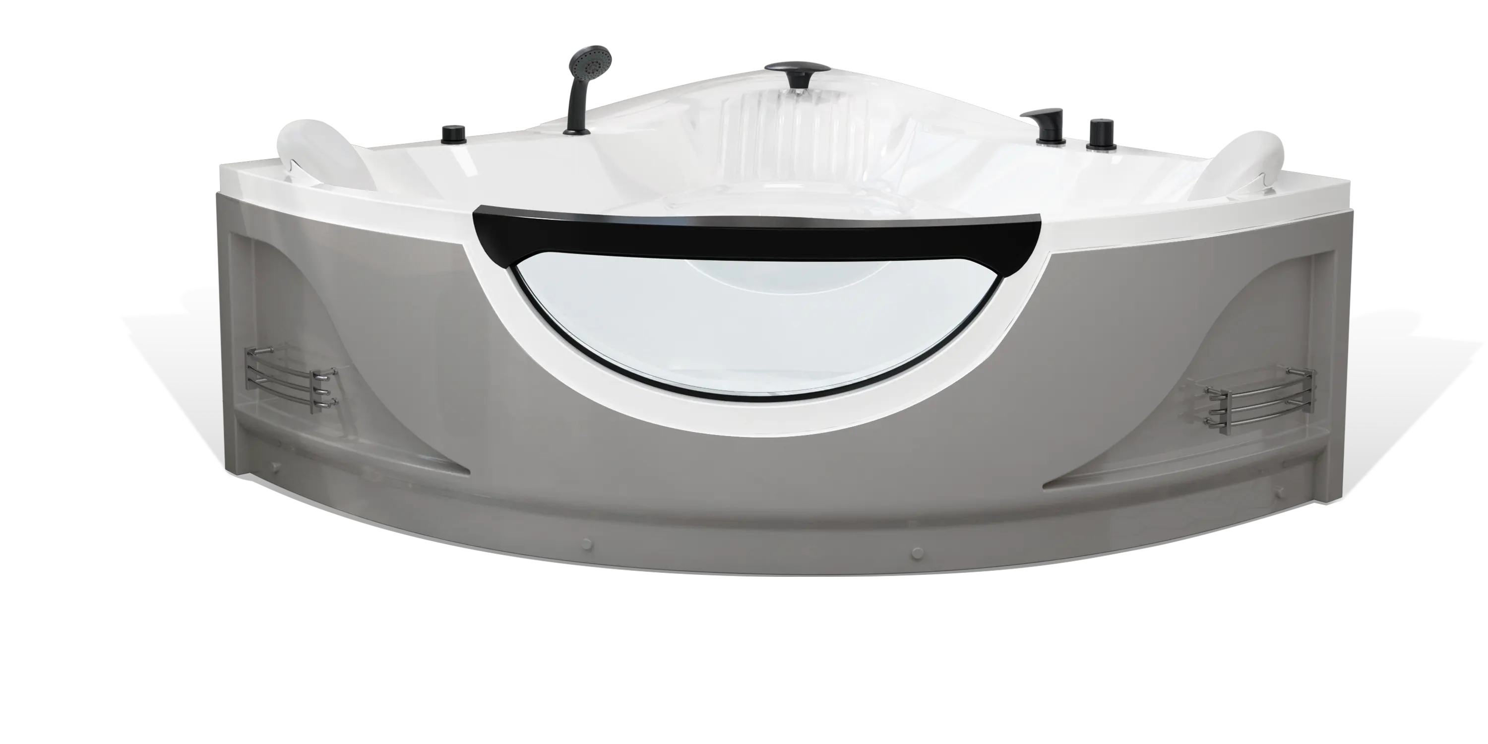 A sleek, modern Empava corner bathtub with an ergonomic design. It features a white basin, integrated headrest, and multiple showerheads, surrounded by a gray frame with built-in shelving on both sides. The front panel has a transparent section for visibility.