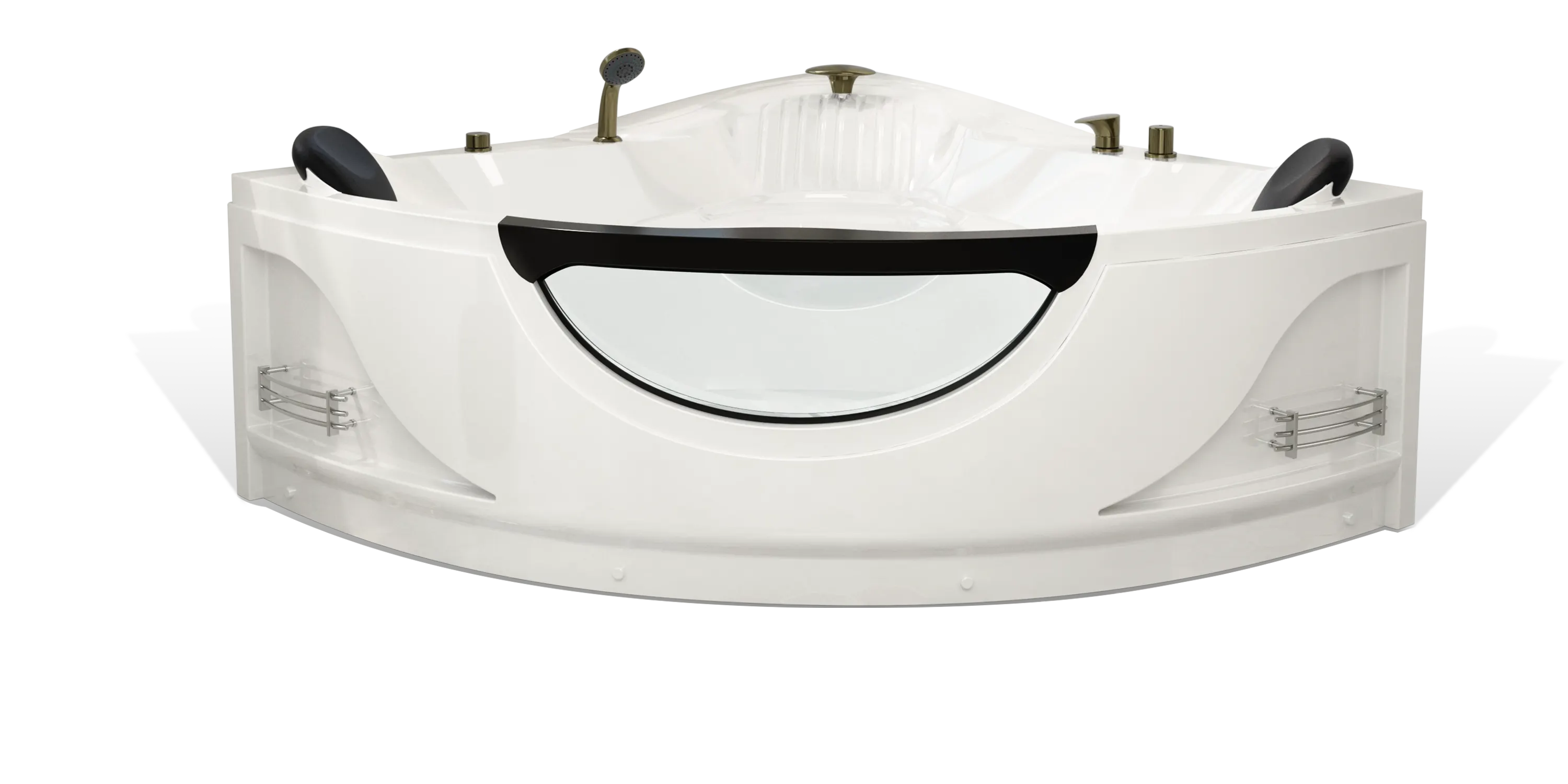 An image showcasing an Empava modern, angular corner bathtub with a glossy white finish, built-in headrests, chrome fixtures, and a transparent side panel. The tub also features built-in shelving on either side for storage.