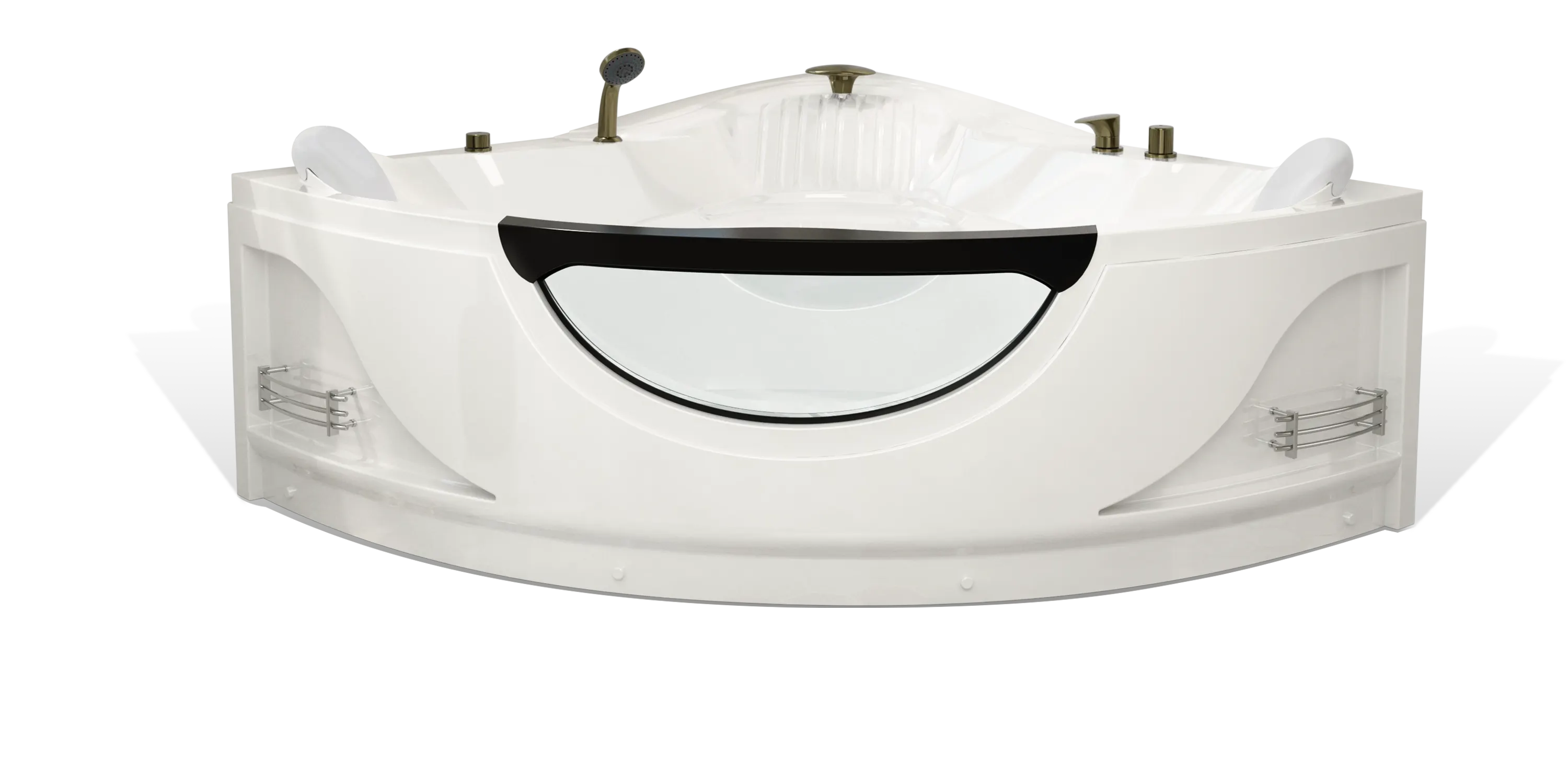 The Empava white, modern corner bathtub features silver fixtures and a black headrest. Its design includes built-in shelves on either side and a transparent section on the front panel. This elegant tub is designed to fit neatly into a bathroom corner space, offering both style and function.