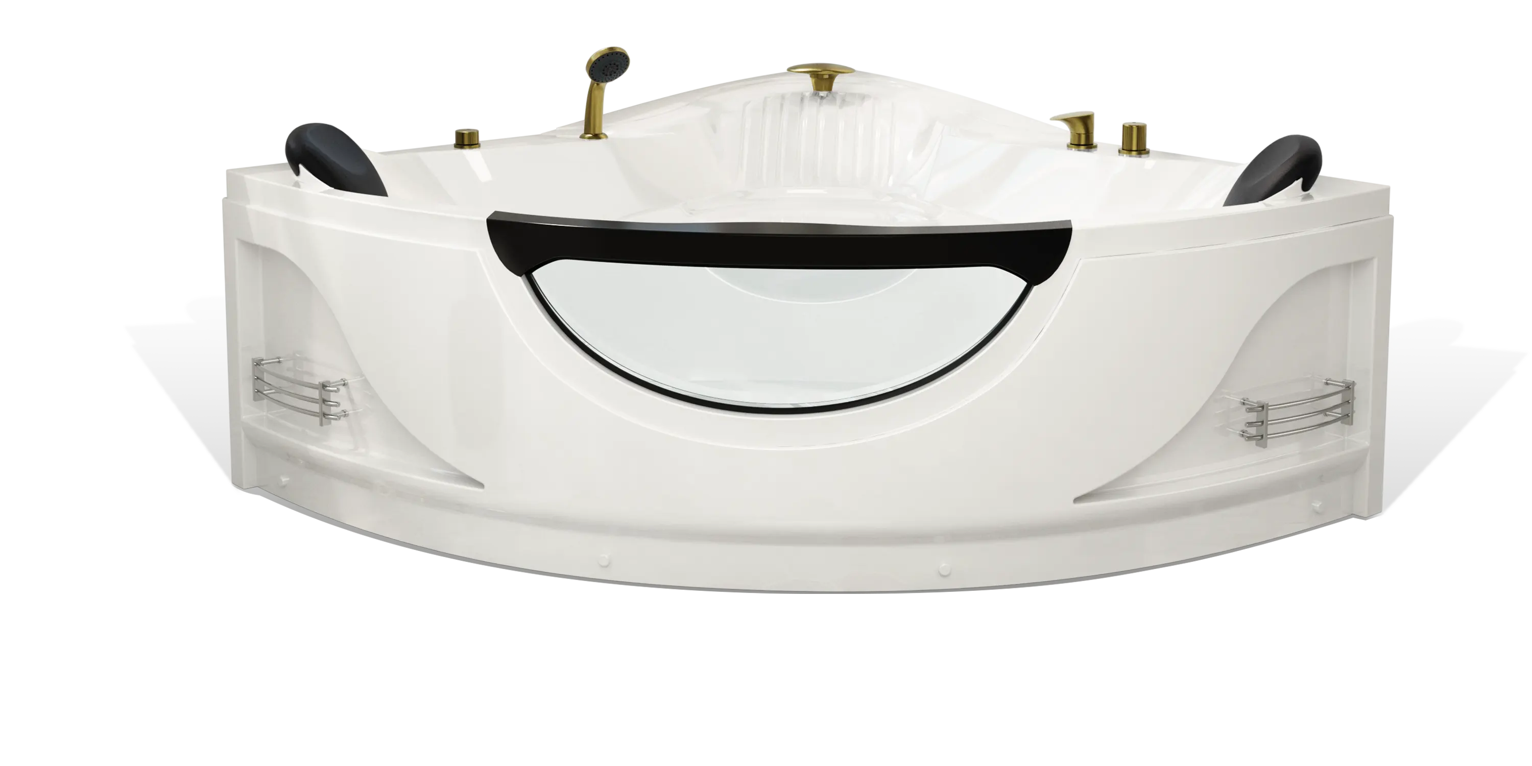 A white corner bathtub by Empava with black headrests on both sides, brass faucets, and a transparent panel on the front. The tub includes a handheld shower head and two built-in corner shelves for holding bath accessories.