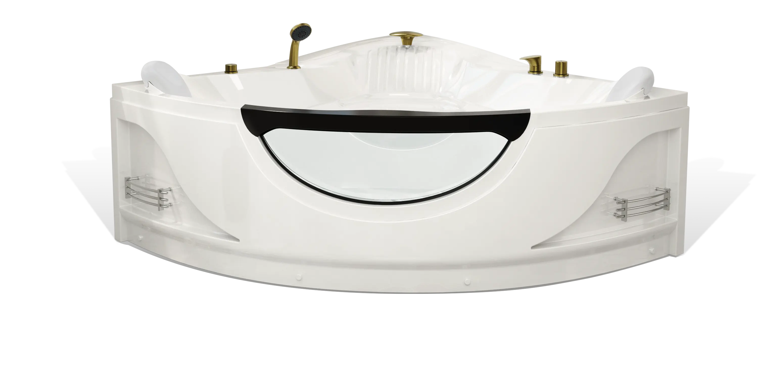 The Empava white, elegant corner bathtub boasts a semi-circular design. It features built-in shelves in the front for storage, a black headrest, gold-colored faucet and handles, and a handheld showerhead. The tub looks modern and luxurious, perfect for a spa-like experience.