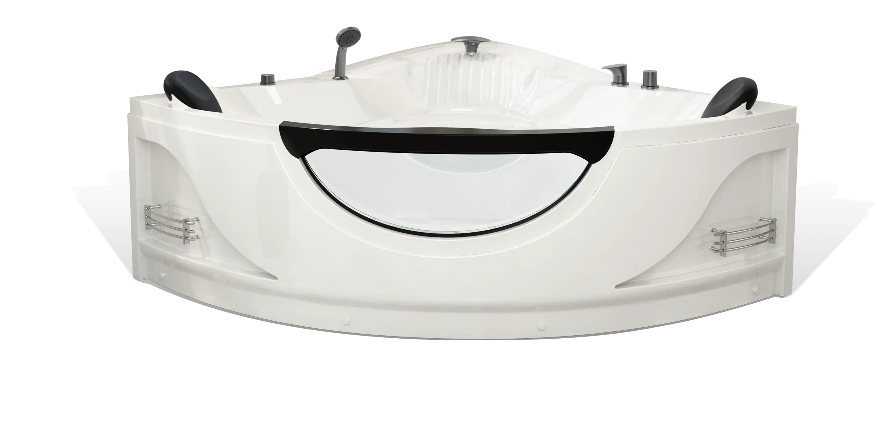 An Empava corner white bathtub features a semi-circular transparent panel on the front. It boasts black headrests on either side, a stainless steel hand shower, and control knobs positioned along the edges. Additionally, small wire shelves are attached to both sides for convenient storage.