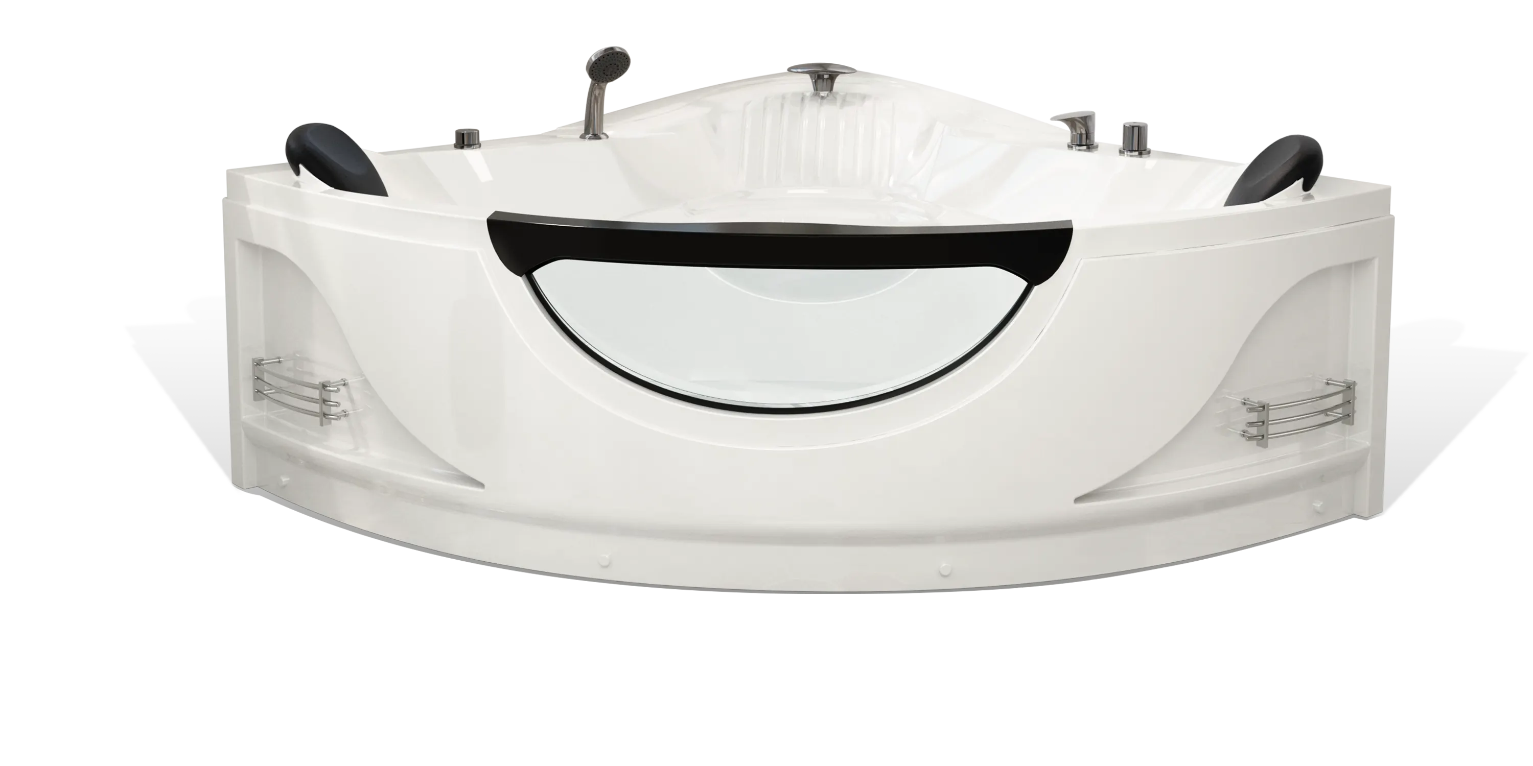 The Empava modern corner bathtub boasts a sleek white design with integrated headrests, a transparent front panel, and built-in shelving on the sides. This tub includes a handheld shower head and multiple chrome faucets for added convenience.