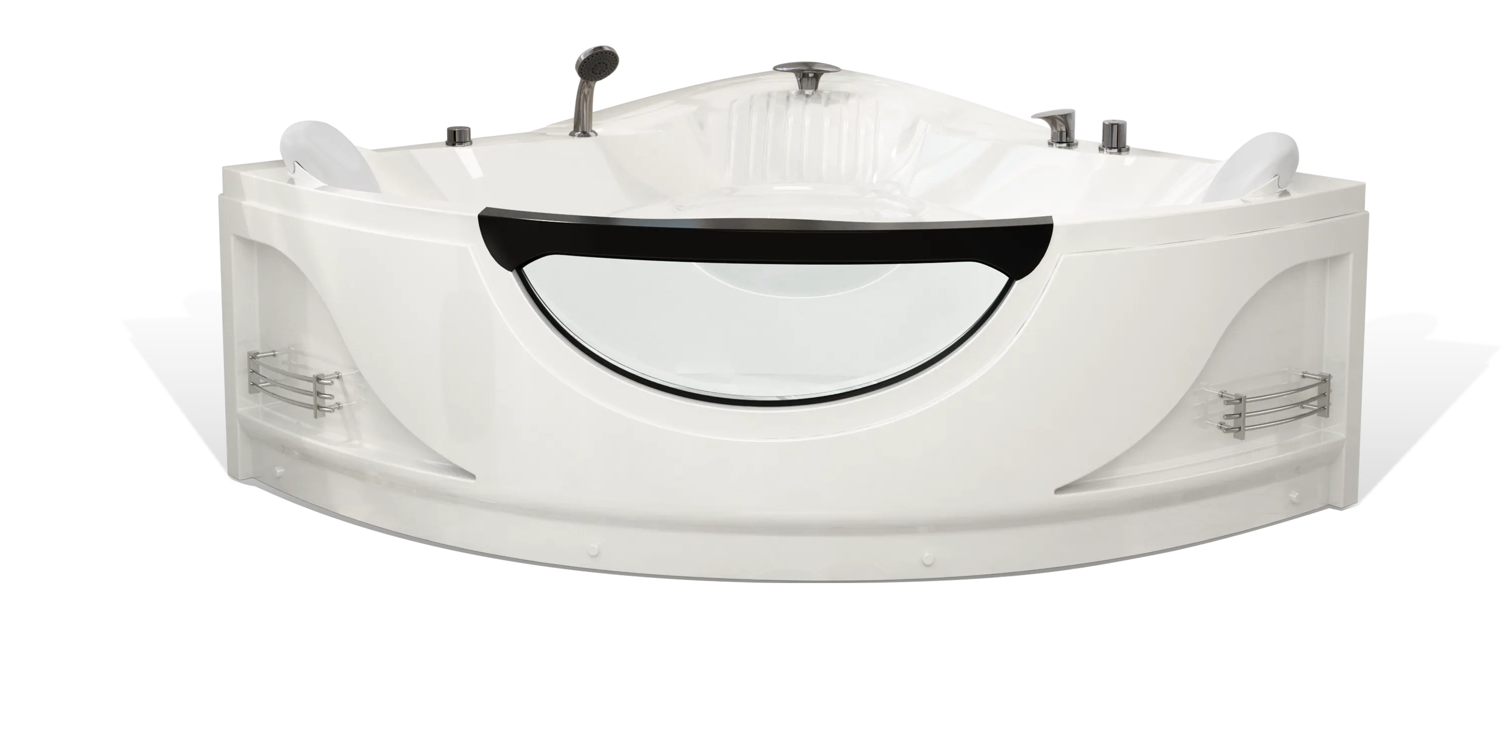 An Empava white corner bathtub with a transparent glass panel, equipped with a black headrest, multiple control knobs, and a handheld showerhead. Built-in shelves on both sides offer convenient storage. The bathtub boasts a modern, sleek design.