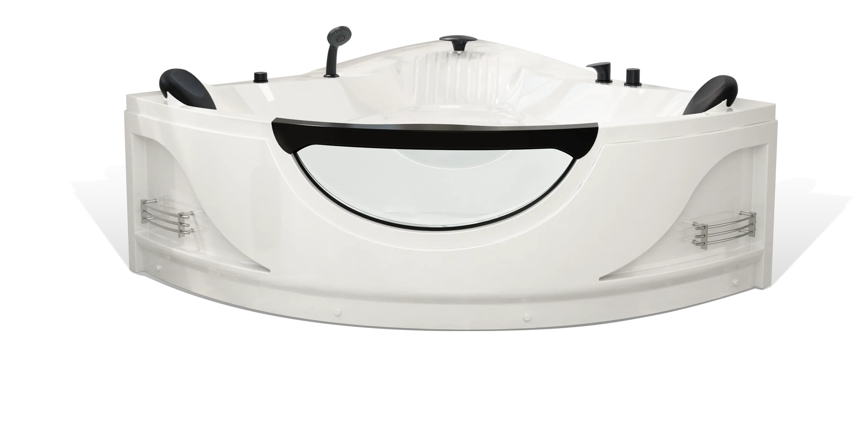 The Empava modern white corner bathtub features a black trim, built-in headrests, water jets, and a clear front panel. Its sleek design is complemented by chrome-finished shelves on either side for toiletries.