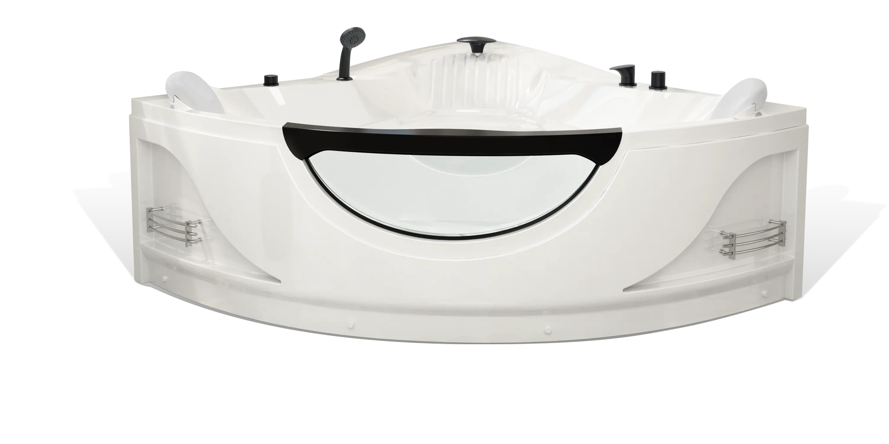 A sleek, white Empava corner bathtub with modern fixtures, including adjustable water jets and ergonomic headrests. It features a clear glass panel on the front and built-in metal racks on the sides for holding bath essentials.