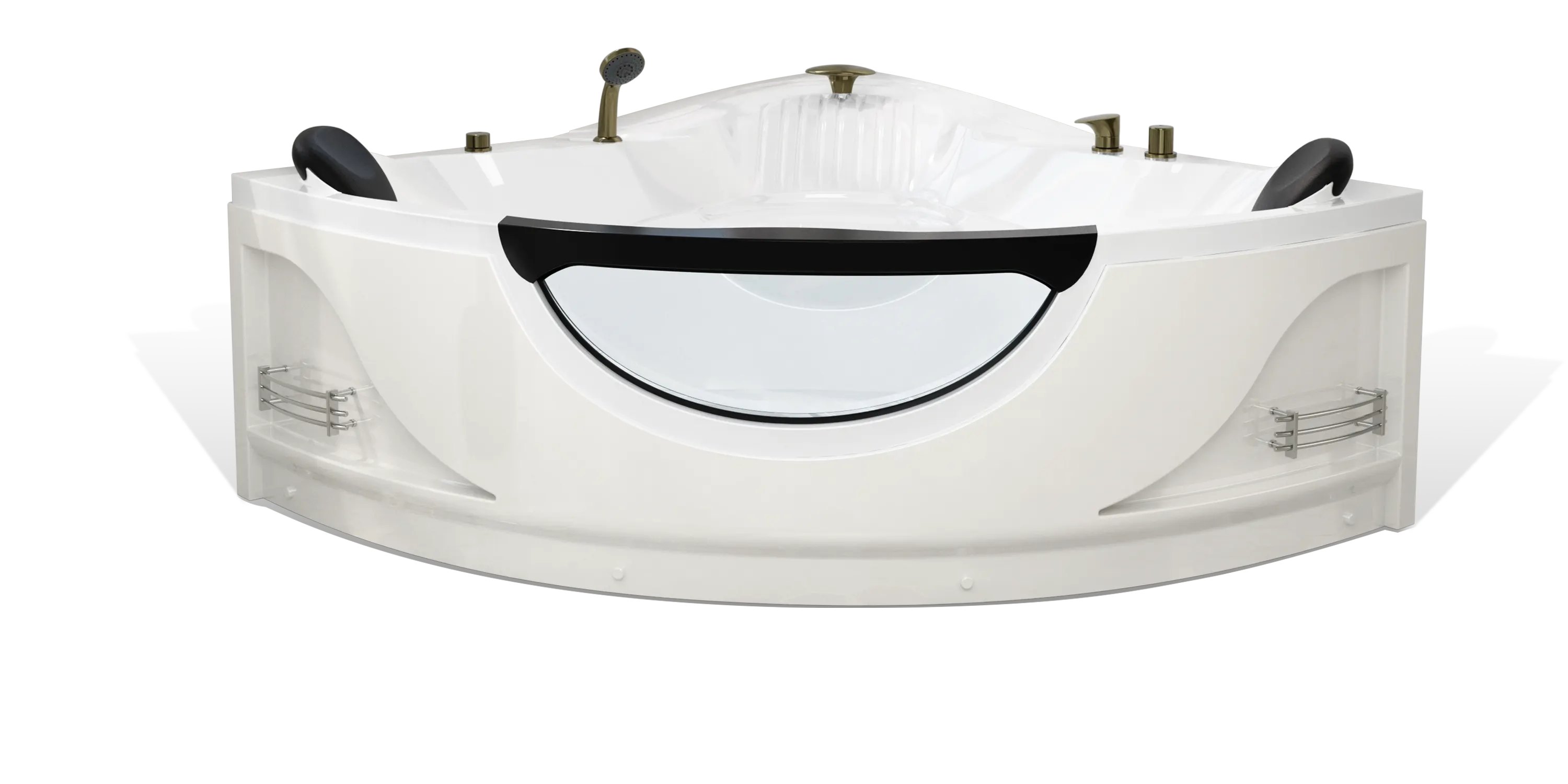An Empava white corner bathtub with black headrests, a transparent front panel, and modern fixtures, including a handheld shower. The tub features built-in shelves on both sides and has a sleek, curved design with a comfortable appearance.