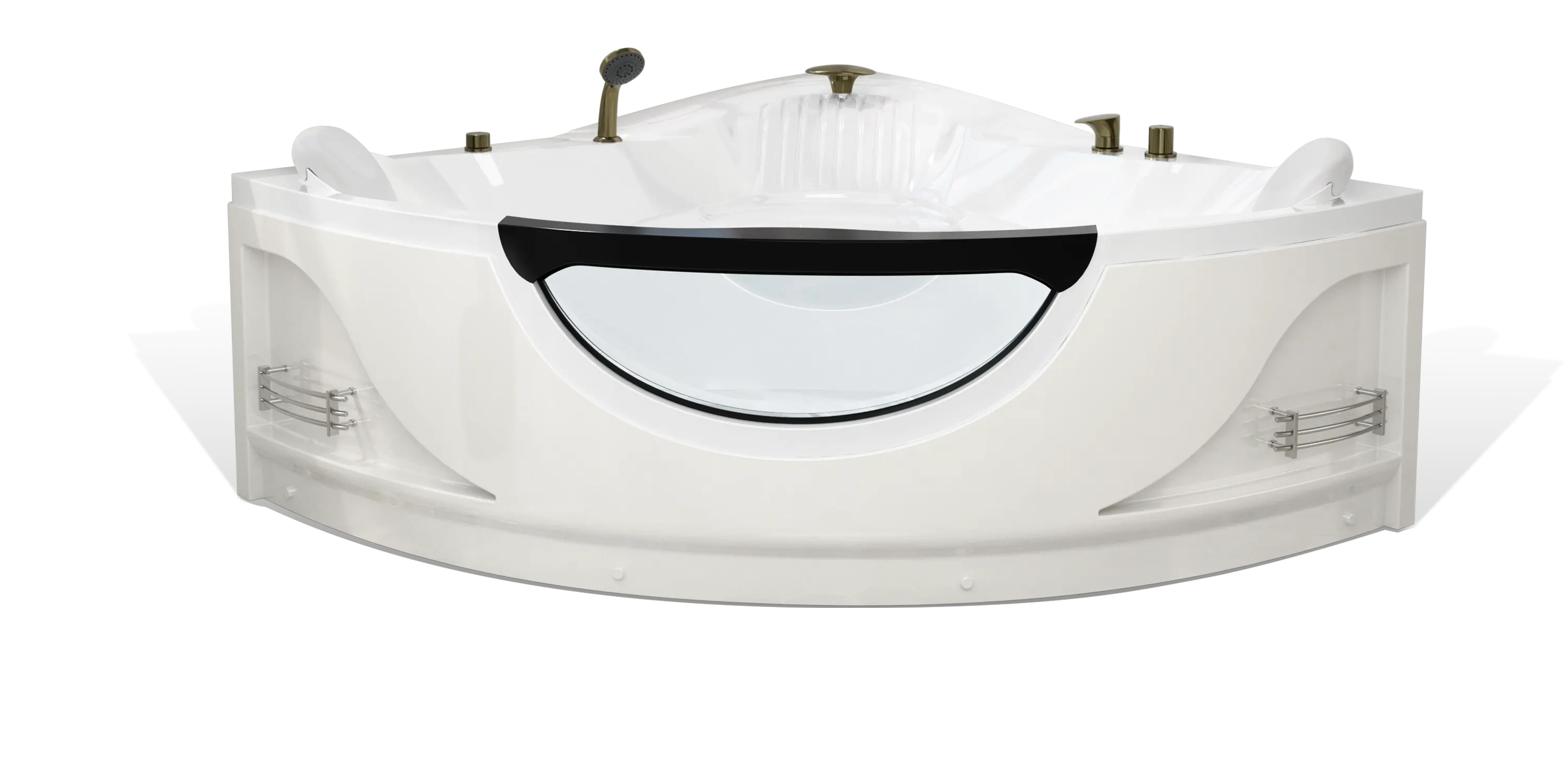 A white, modern Empava corner bathtub with a built-in black headrest and multiple chrome fixtures, including a faucet and handheld shower head. The bathtub features curved handles and small shelves on the sides for storage.
