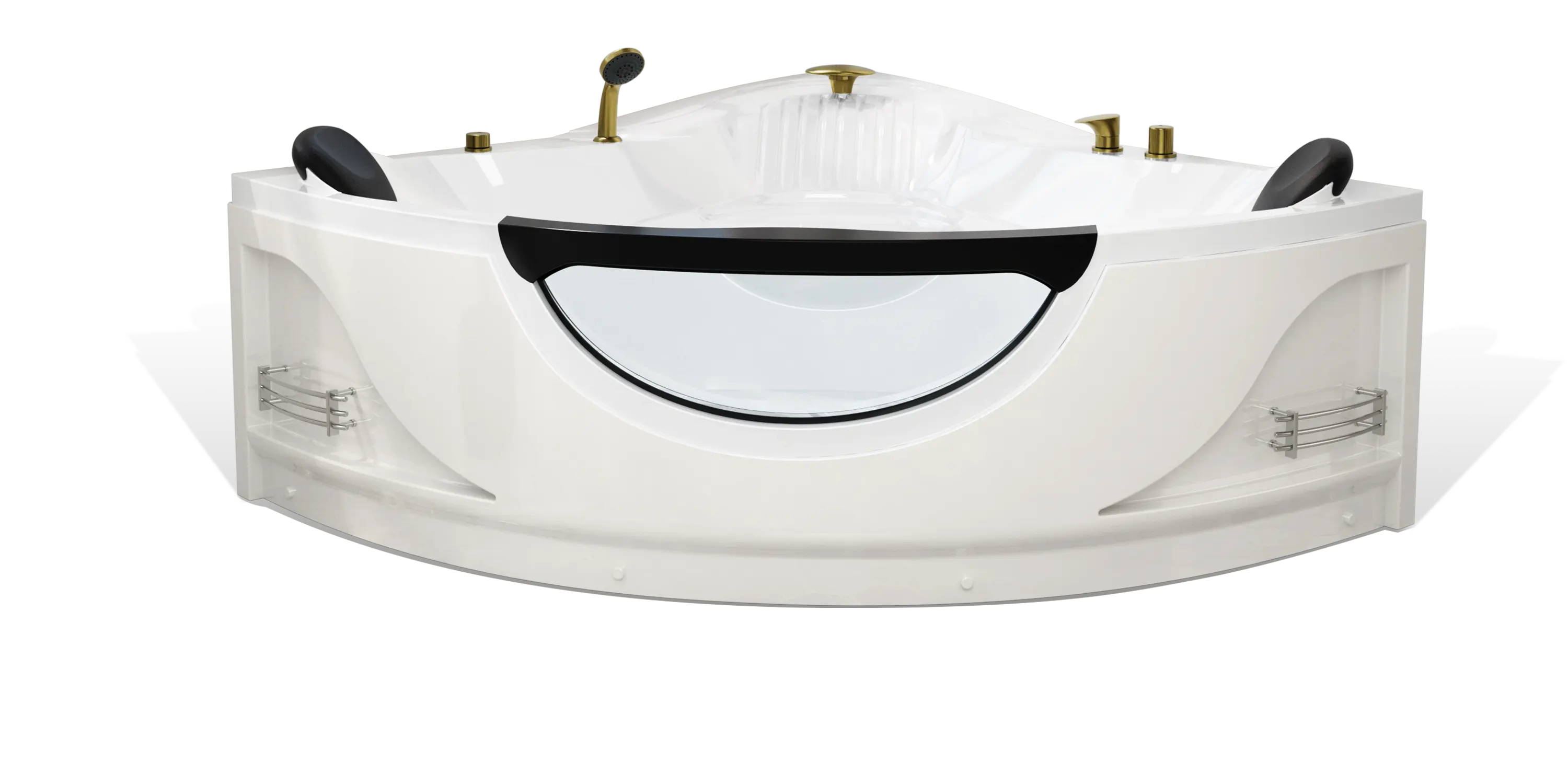 An Empava large white corner bathtub with black accents is seen from the front. The bathtub features multiple jets and brass fixtures, including a showerhead. It also has a clear circular window on the front and built-in shelves for storage on the sides.