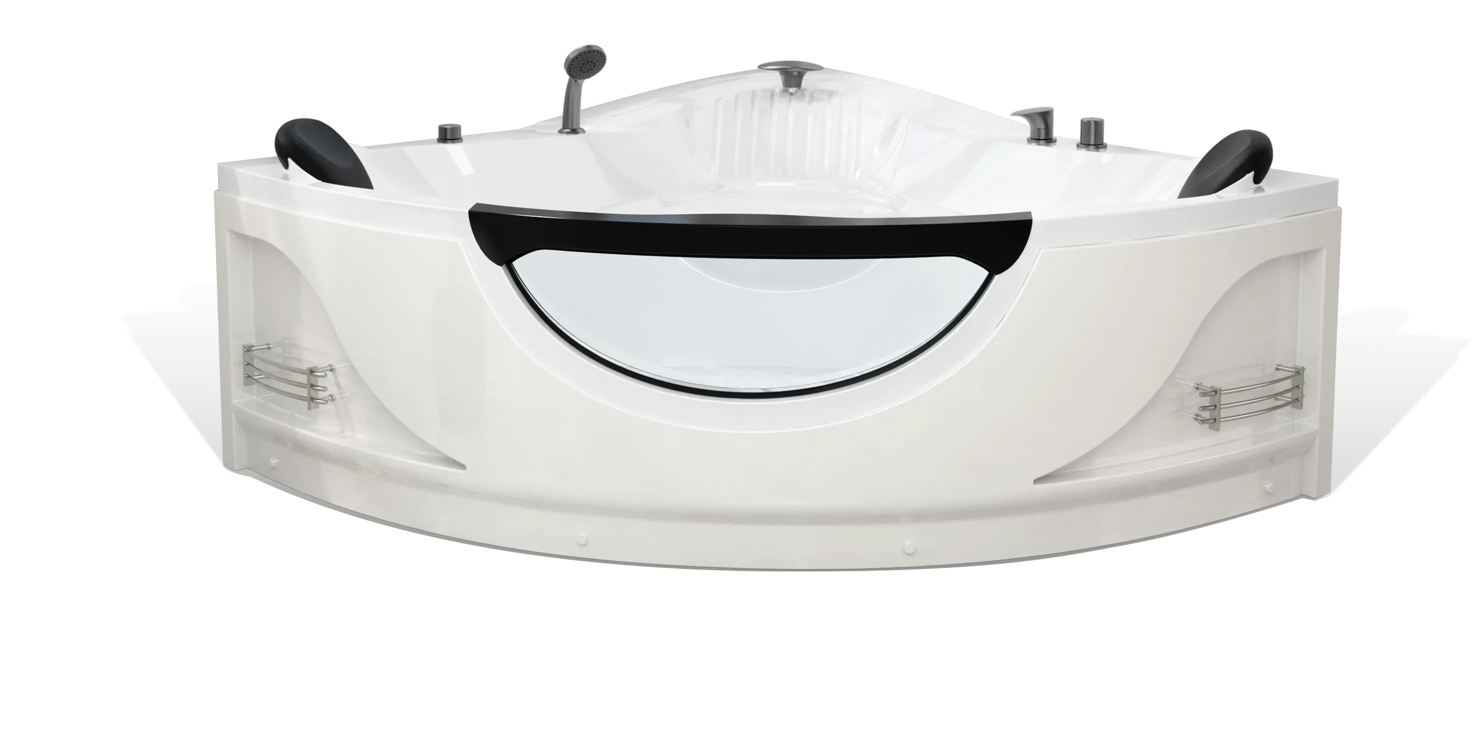 The Empava white, modern corner bathtub features a built-in headrest and perimeter shelving. With a transparent panel, multiple water jets, handheld showerhead, and control panel, this tub is ideal for luxurious bathroom setups.