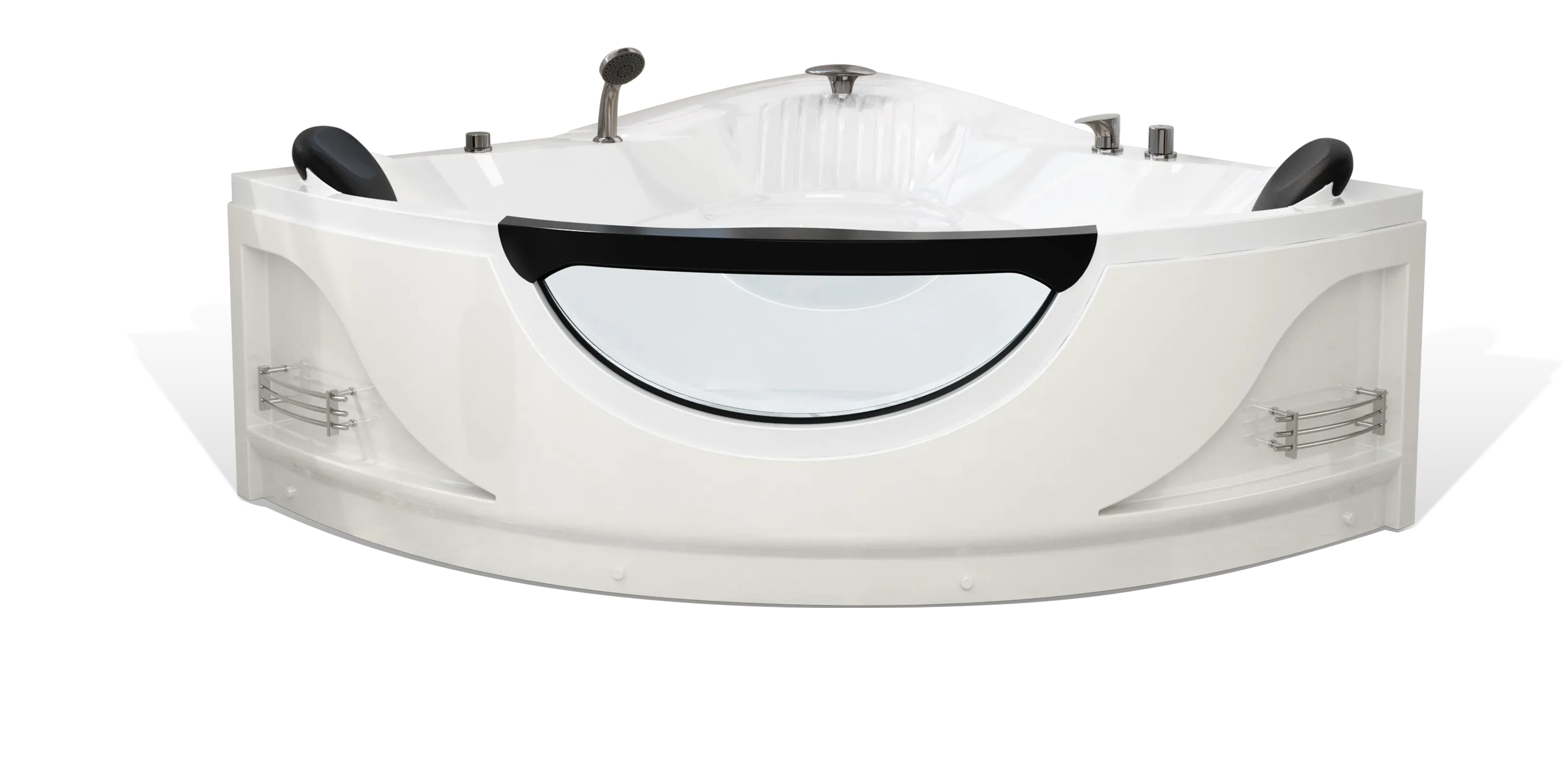 A modern, white Empava corner bathtub with black headrests on both ends. The bathtub features a semi-circular shape with a transparent window and built-in metal racks on the sides for storage. Several control knobs and a handheld showerhead are visible on the rim.
