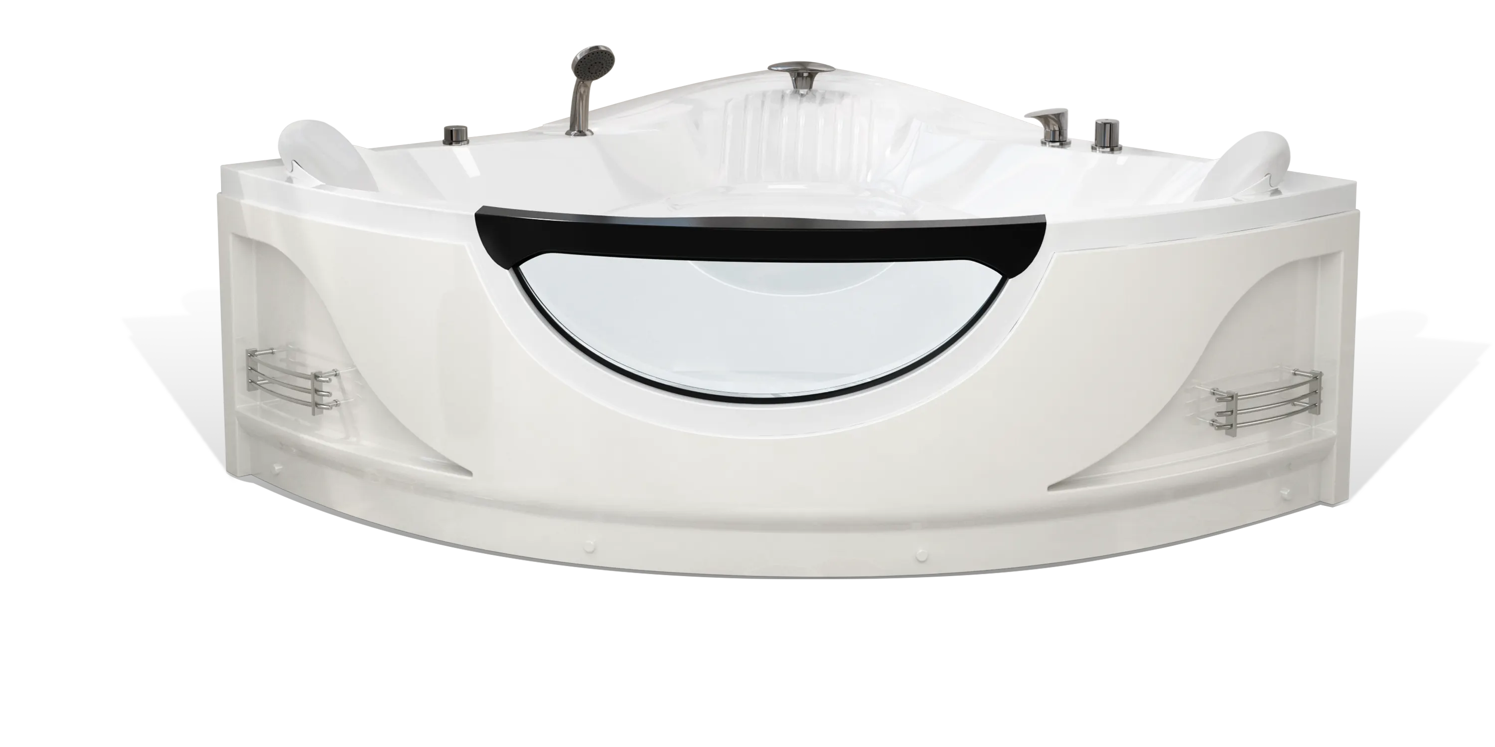 A luxury Empava corner bathtub with a sleek white finish is shown. It features an ergonomic design, chrome faucet, showerhead, and controls. The tub has built-in shelving on both sides and a black armrest in the center, providing both style and comfort.