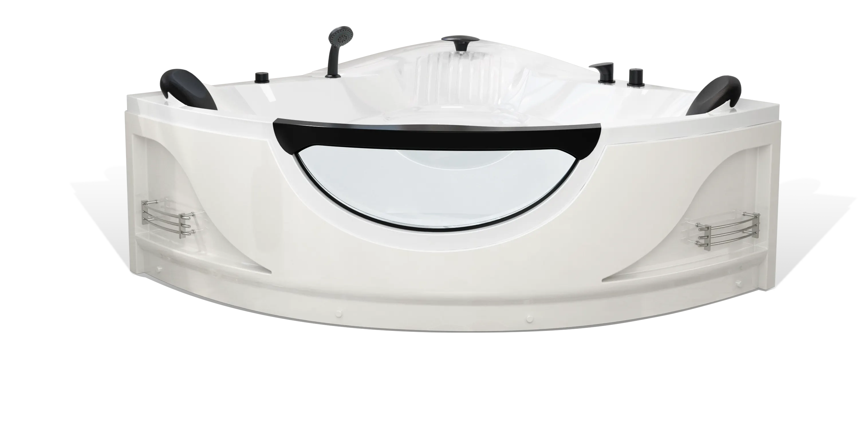 An Empava white corner bathtub with a sleek, modern design features black headrests, chrome fixtures, built-in shelves, and a clear panel on the front. The tub includes a handheld showerhead and control knobs, offering both comfort and functionality.