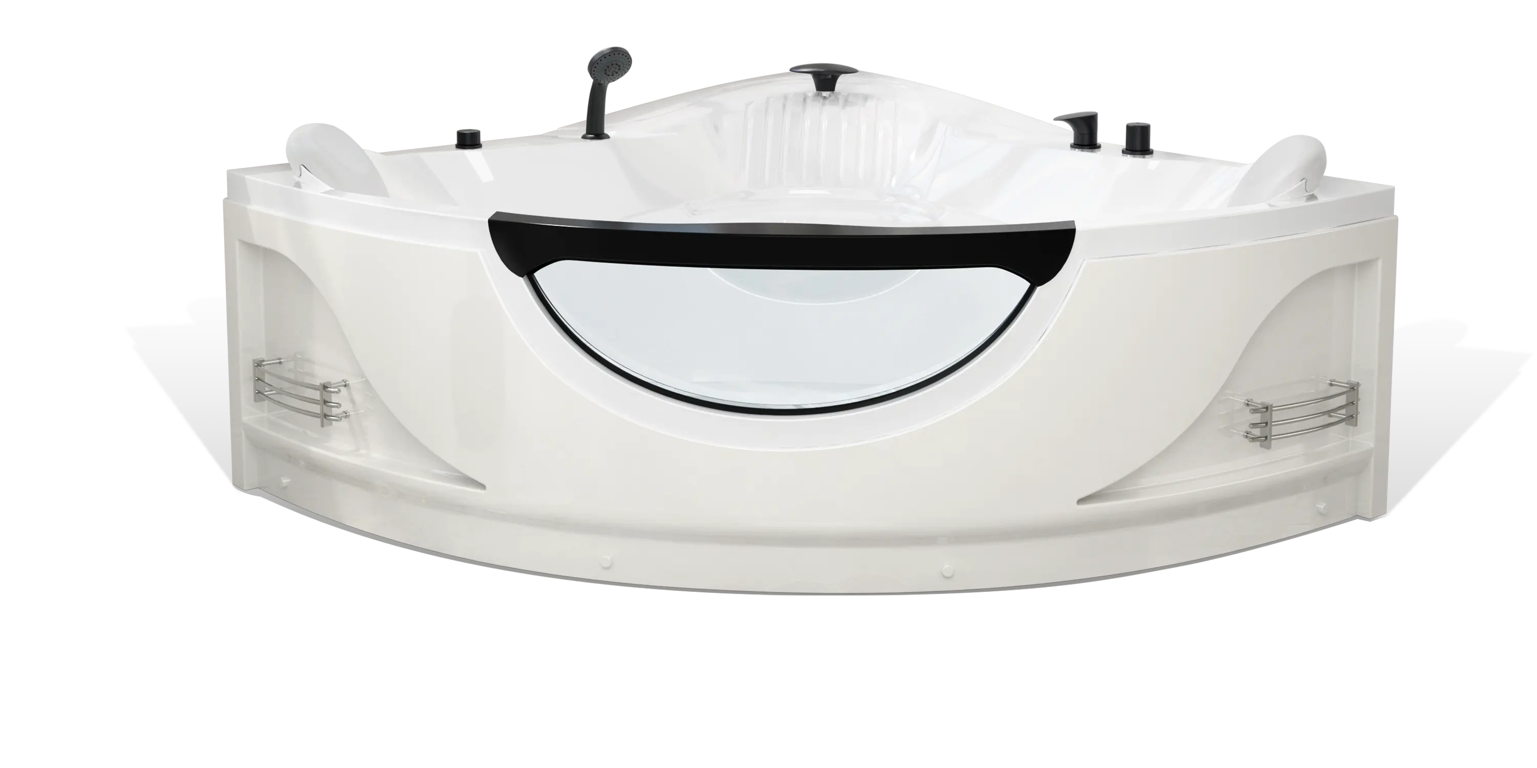 Image of a modern, white Empava corner bathtub with a sleek design. The bathtub features built-in chrome handles on each side, a large transparent front panel, and various fixtures including a hand shower and control knobs.