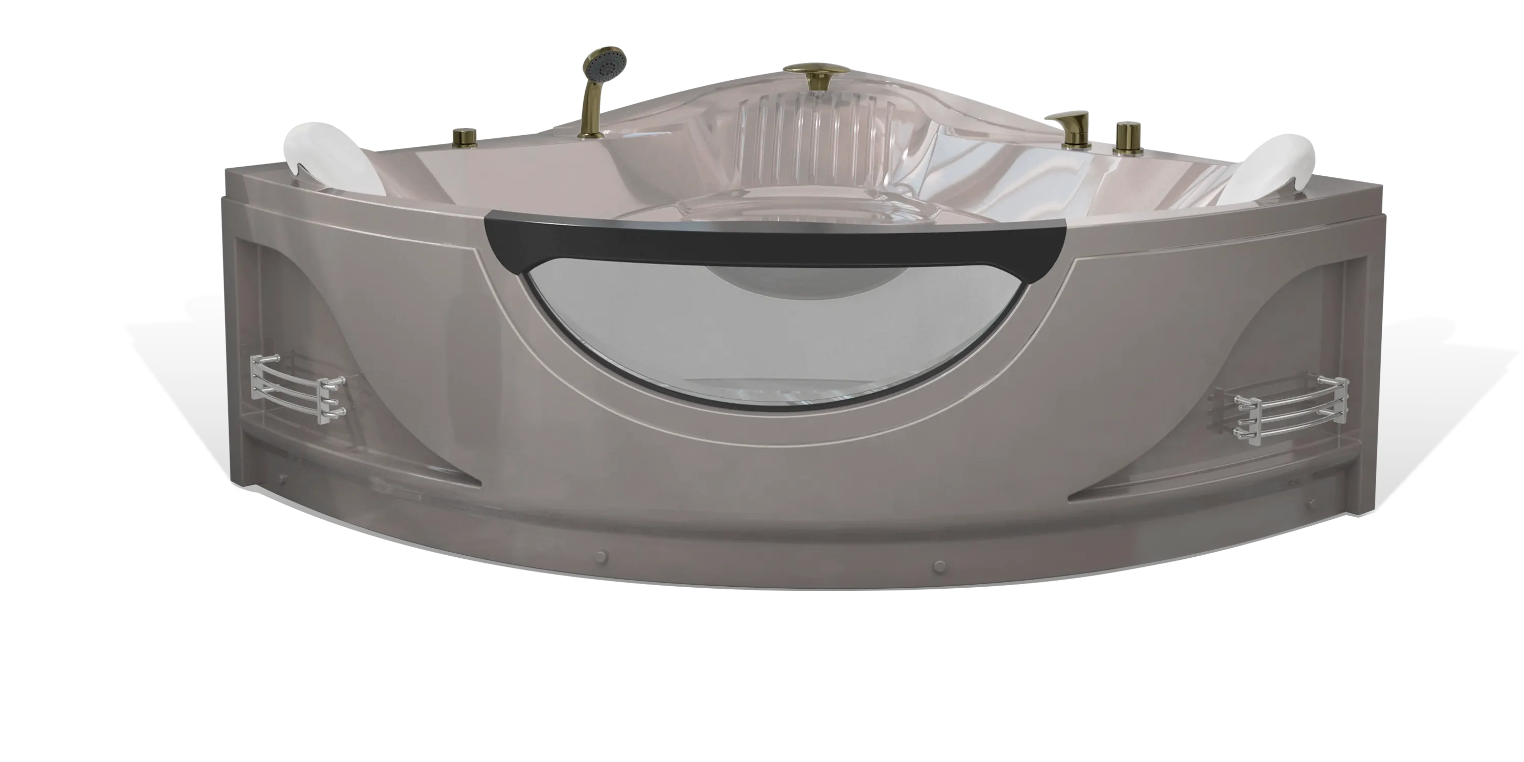 A modern taupe brown triangle Empava bathtub, multiple bronze faucets, a shower head on the side and a white removable headrest. The bathtub has a sleek, minimalist design with clean lines and a glossy finish.