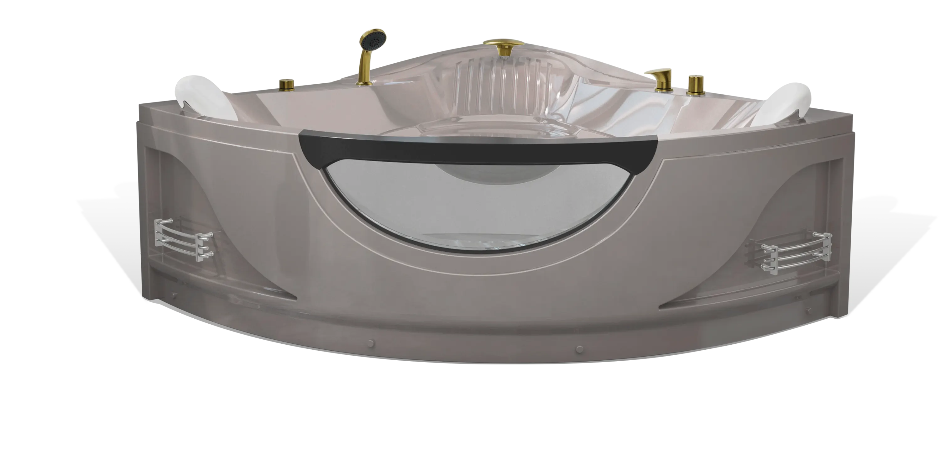 A modern taupe brown triangle Empava bathtub, multiple brushed gold faucets, a shower head on the side and a white removable headrest. The bathtub has a sleek, minimalist design with clean lines and a glossy finish.