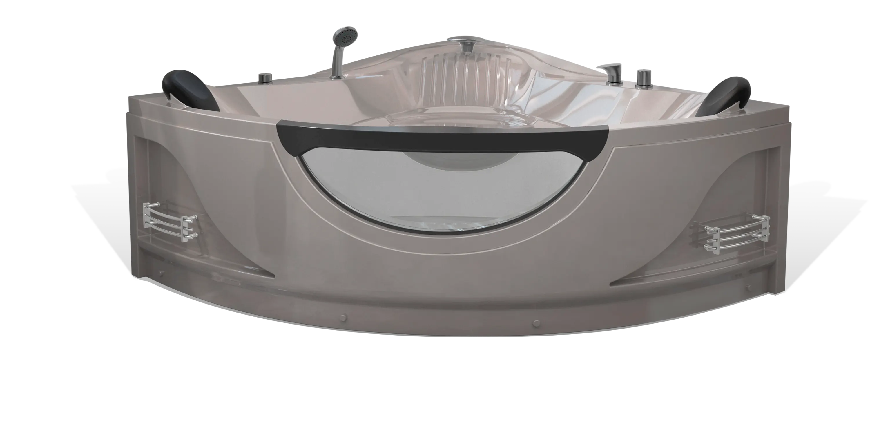 A modern taupe brown triangle Empava bathtub, multiple brushed nickel faucets, a shower head on the side and a black removable headrest. The bathtub has a sleek, minimalist design with clean lines and a glossy finish.