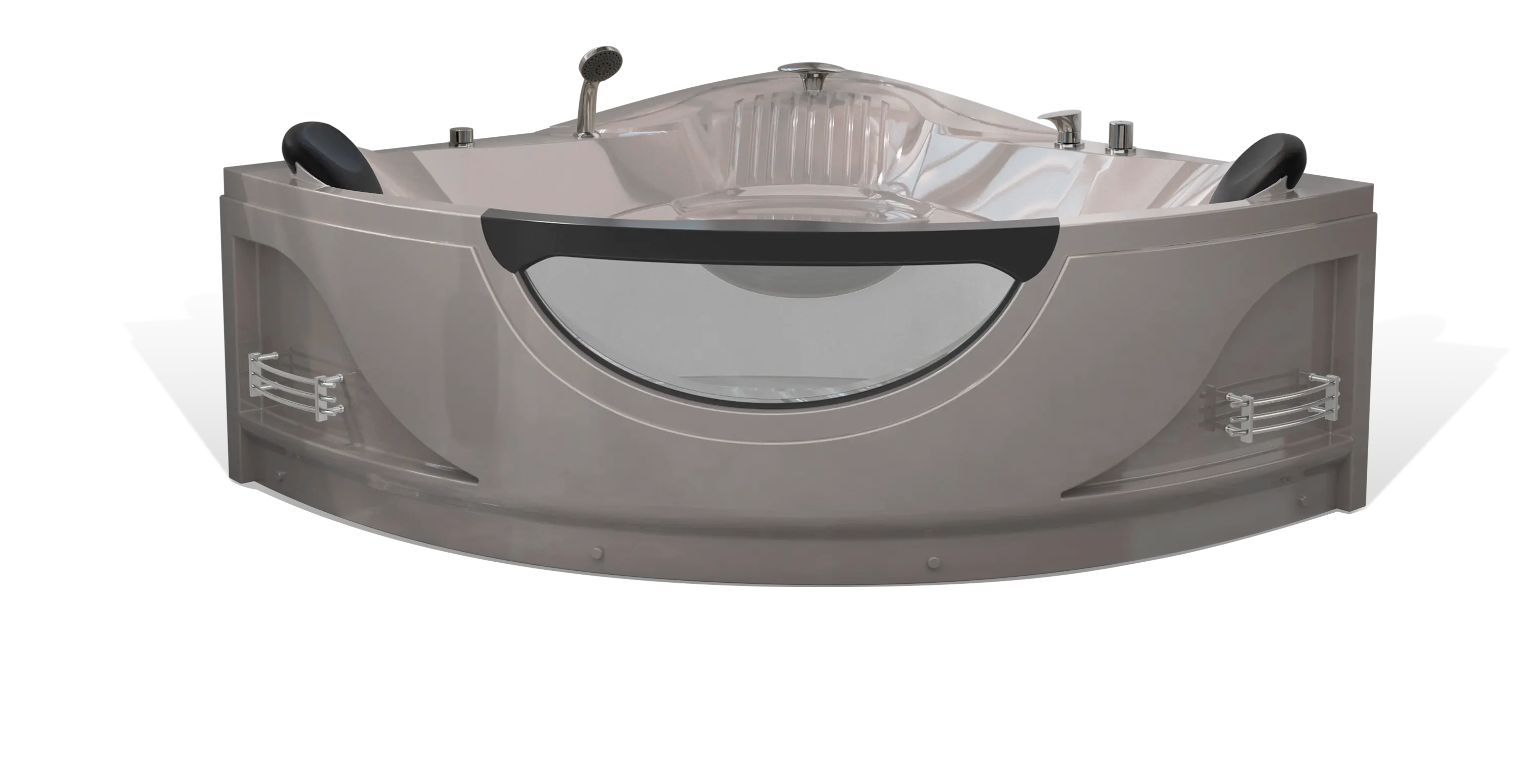 A modern taupe brown triangle Empava bathtub, multiple chrome faucets, a shower head on the side and a black removable headrest. The bathtub has a sleek, minimalist design with clean lines and a glossy finish.