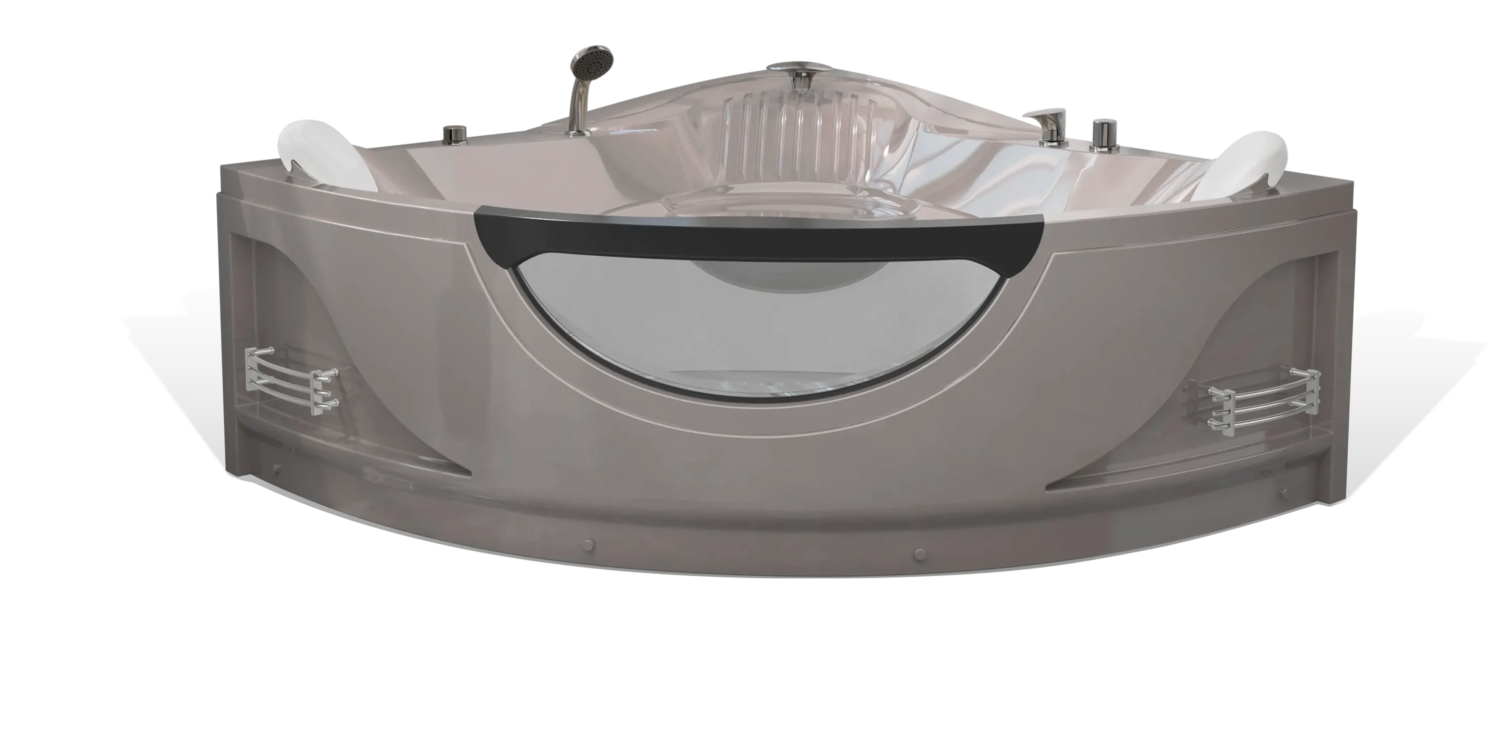 A modern taupe brown triangle Empava bathtub, multiple chrome faucets, a shower head on the side and a white removable headrest. The bathtub has a sleek, minimalist design with clean lines and a glossy finish.