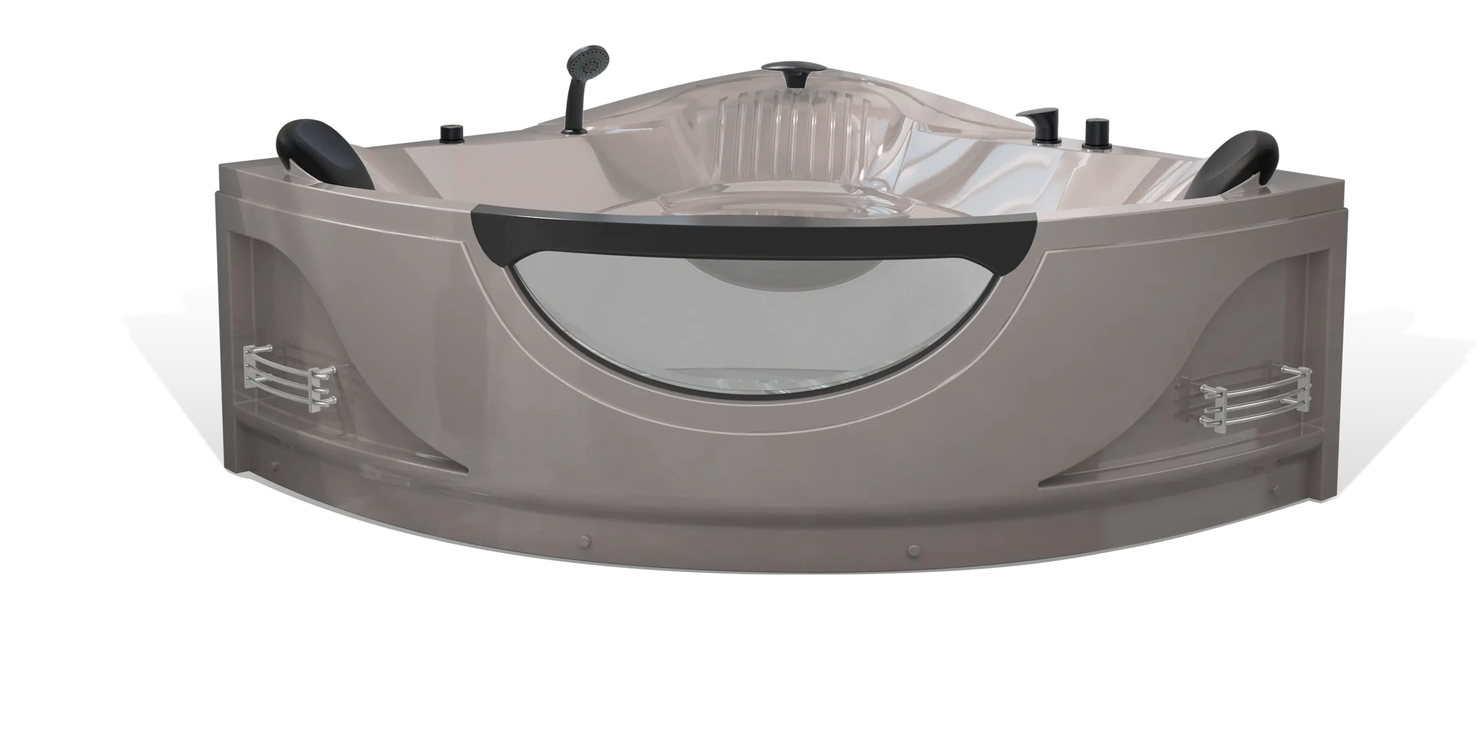 A modern taupe brown triangle Empava bathtub, multiple matte black faucets, a shower head on the side and a black removable headrest. The bathtub has a sleek, minimalist design with clean lines and a glossy finish.