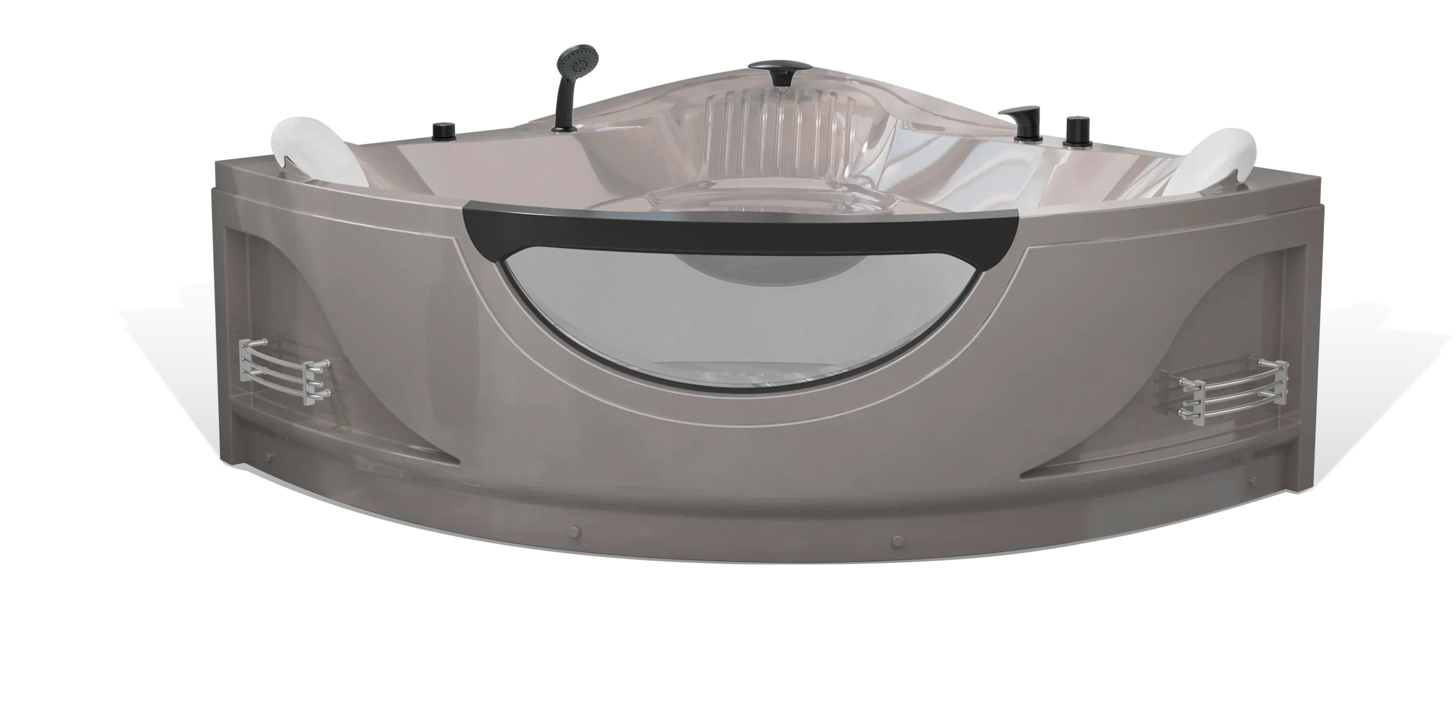 A modern taupe brown triangle Empava bathtub, multiple matte black faucets, a shower head on the side and a white removable headrest. The bathtub has a sleek, minimalist design with clean lines and a glossy finish.
