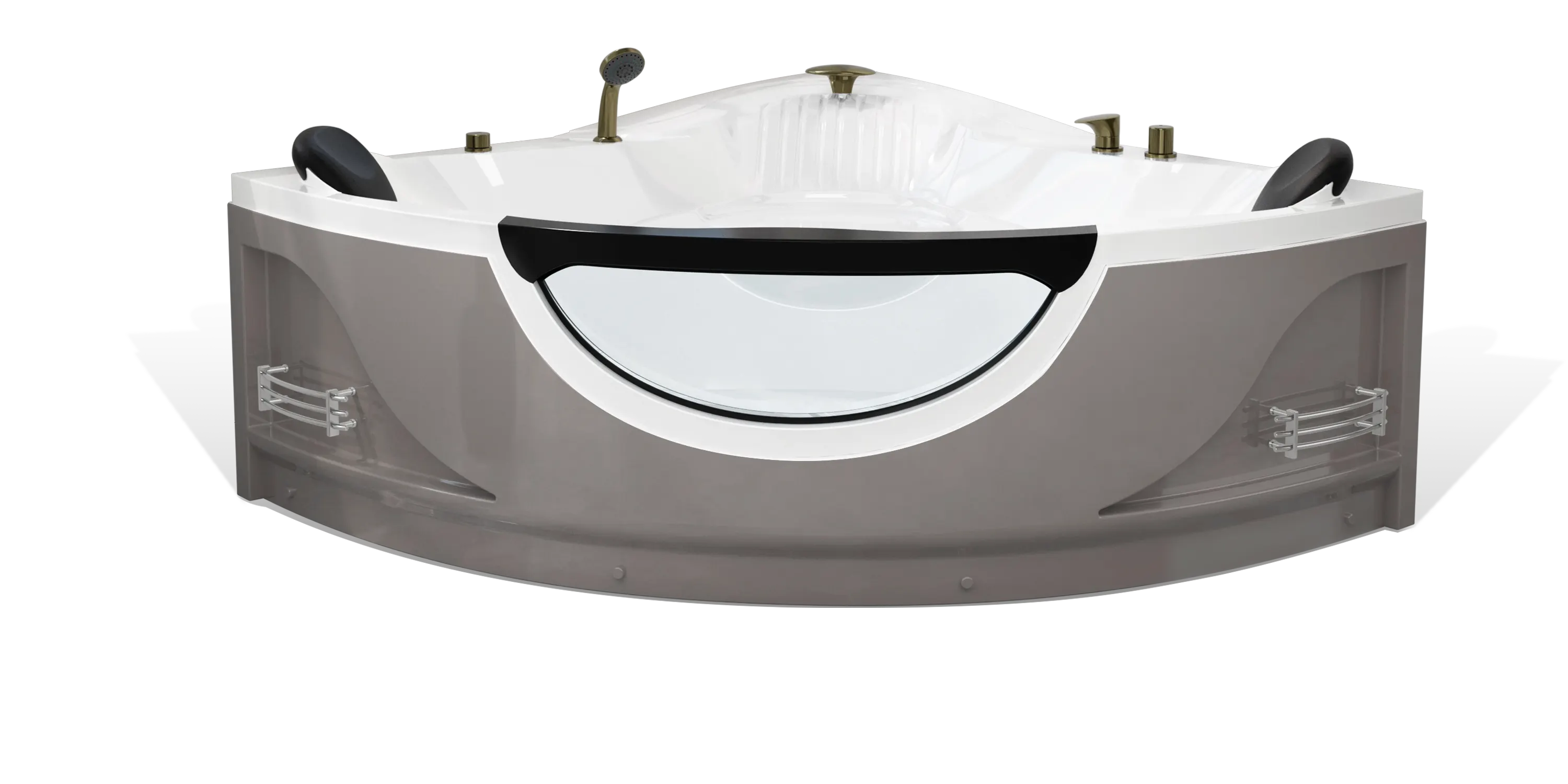 A modern taupe brown triangle Empava bathtub with white interior, multiple bronze faucets, a shower head on the side and a black removable headrest. The bathtub has a sleek, minimalist design with clean lines and a glossy finish.