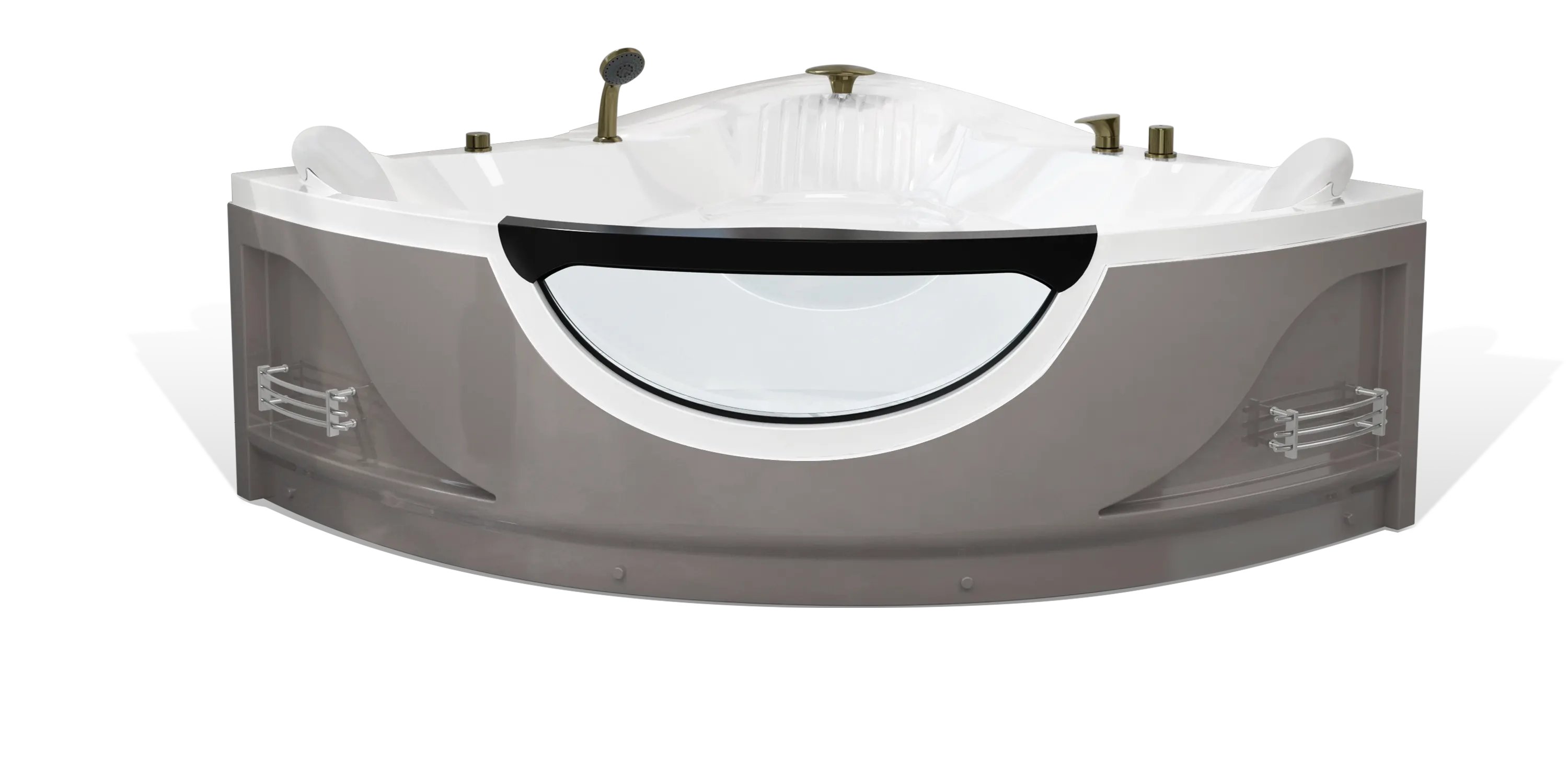 A modern taupe brown triangle Empava bathtub with white interior, multiple bronze faucets, a shower head on the side and a white removable headrest. The bathtub has a sleek, minimalist design with clean lines and a glossy finish.